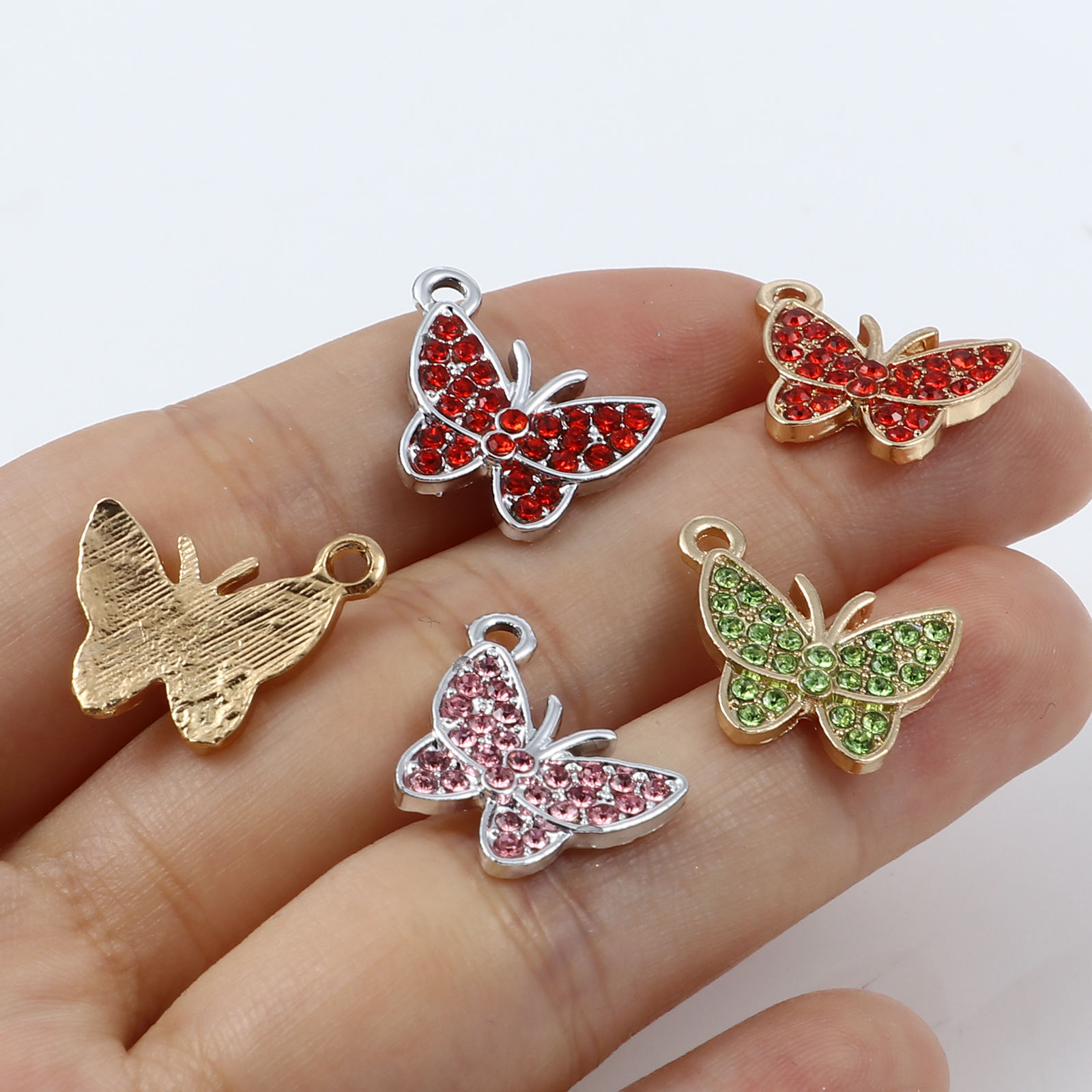 Picture of Zinc Based Alloy Insect Charms Butterfly Animal Micro Pave Multicolor Rhinestone 17mm x 15mm, 5 PCs