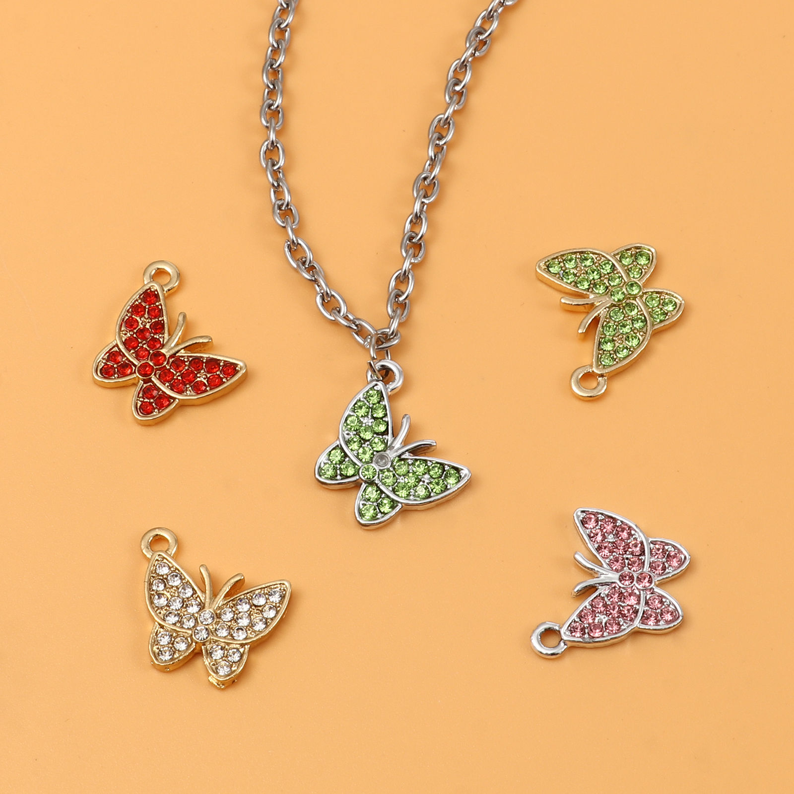Picture of Zinc Based Alloy Insect Charms Butterfly Animal Micro Pave Multicolor Rhinestone 17mm x 15mm, 5 PCs