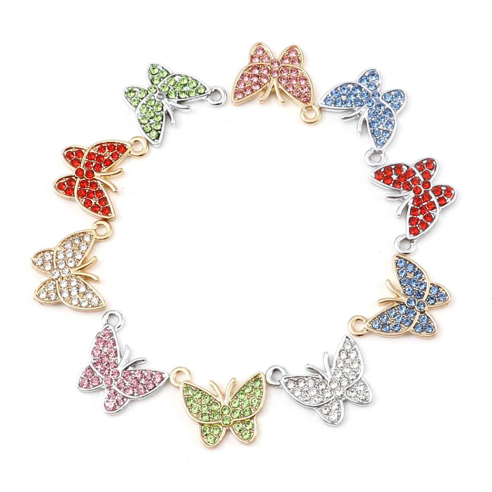 Picture of Zinc Based Alloy Insect Charms Butterfly Animal Micro Pave Multicolor Rhinestone 17mm x 15mm, 5 PCs