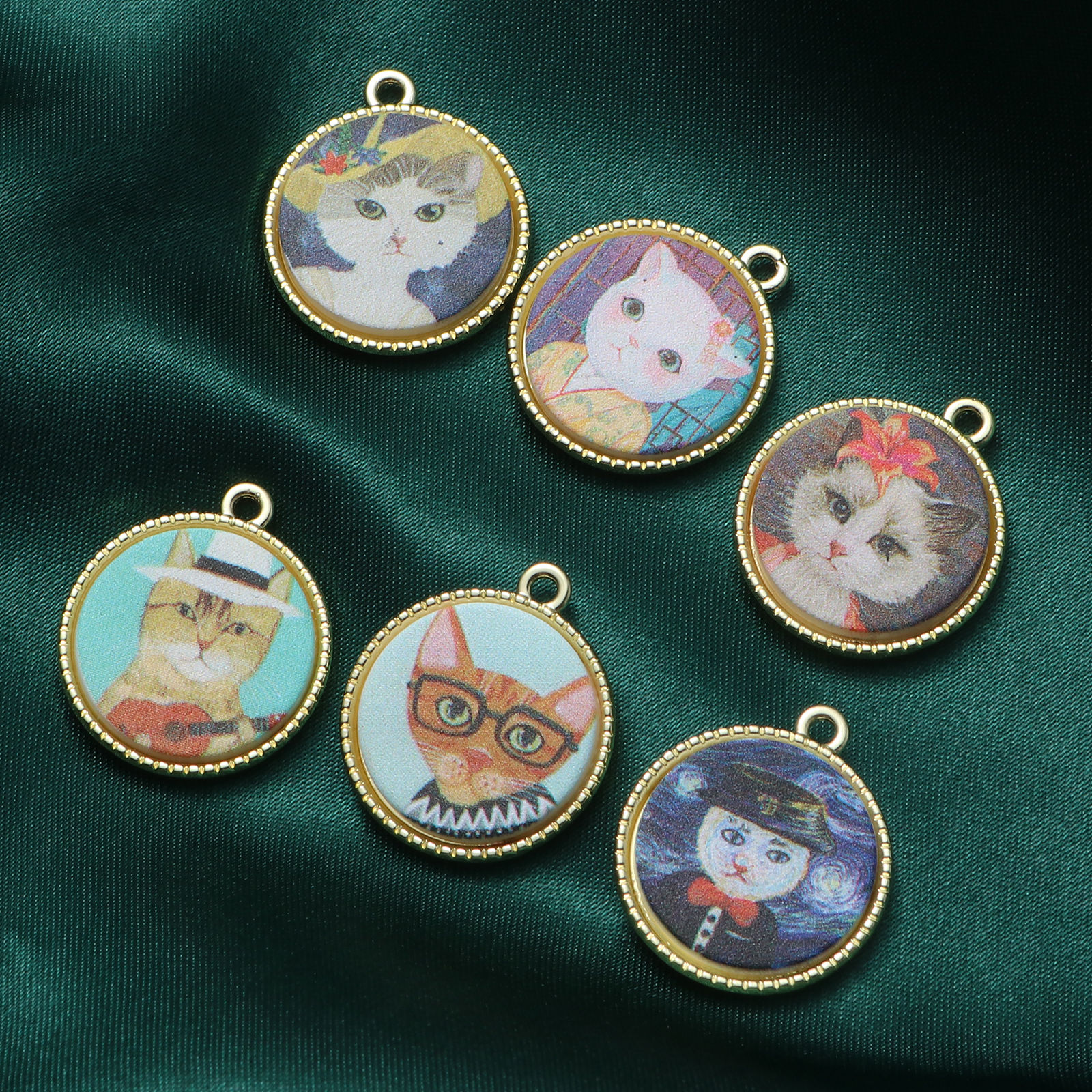 Picture of Zinc Based Alloy & Acrylic Charms Round Disc Gold Plated Multicolor Cat 24mm x 21mm, 5 PCs