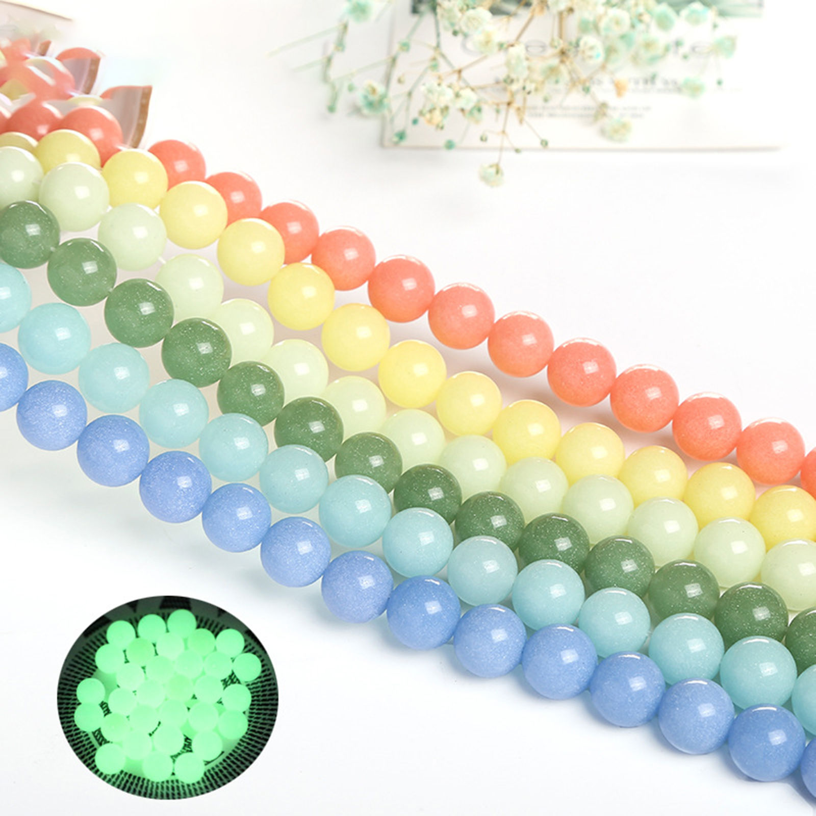 Picture of Stone ( Synthetic ) Beads Round Multicolor Glow In The Dark Luminous 39cm(15 3/8") - 37.5cm(14 6/8") long, 1 Strand