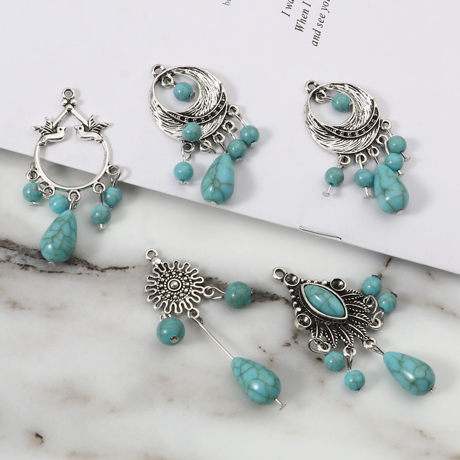 Изображение Цинковый Сплав(Без Кадмия) + Смола Богемный стиль Подвески Бесформенный Античное Серебро Сине-зеленые 5 ШТ