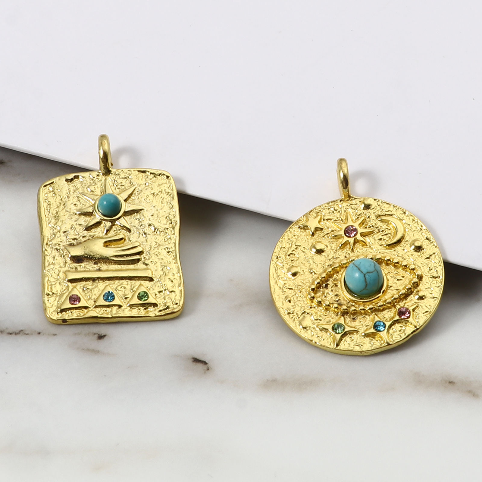 Picture of Zinc Based Alloy & Turquoise Galaxy Pendants Geometric Gold Plated 5 PCs