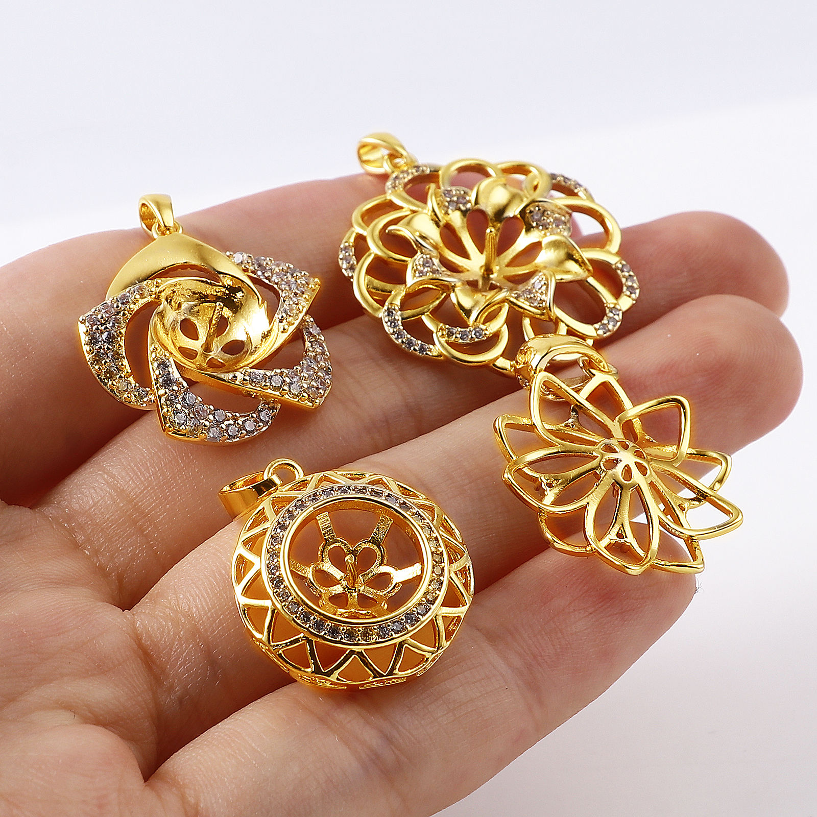 Picture of Brass Micro Pave Pearl Pendant Connector Bail Pin Cap 18K Real Gold Plated Flower Clear Rhinestone 1 Piece