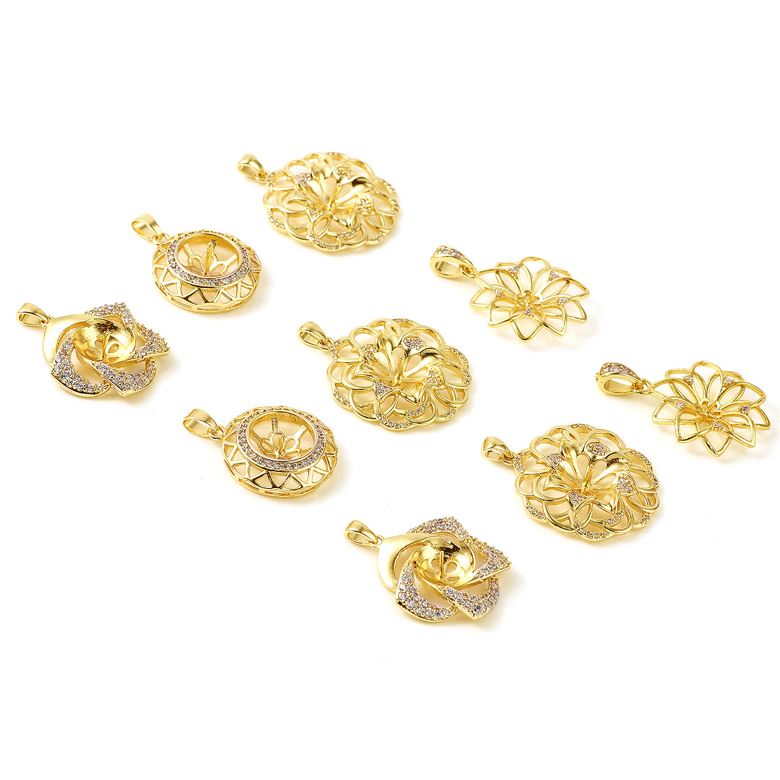 Picture of Brass Micro Pave Pearl Pendant Connector Bail Pin Cap 18K Real Gold Plated Flower Clear Rhinestone 1 Piece