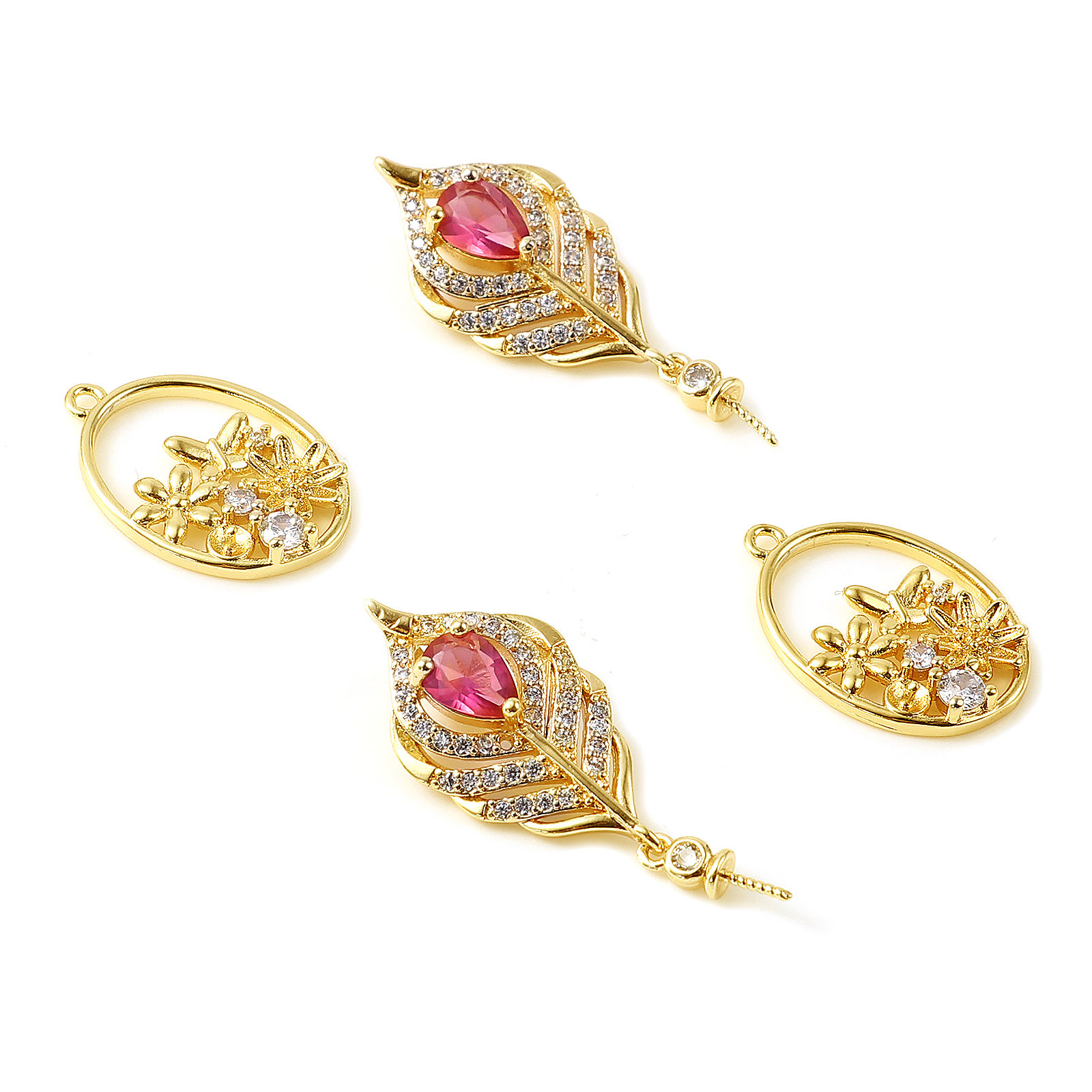 Immagine di Ottone Micro Intarsio Connettore Ciondolo Perla Bail Pin Cap 18K Vero Oro Placcato Trasparente Strass 1 Pz