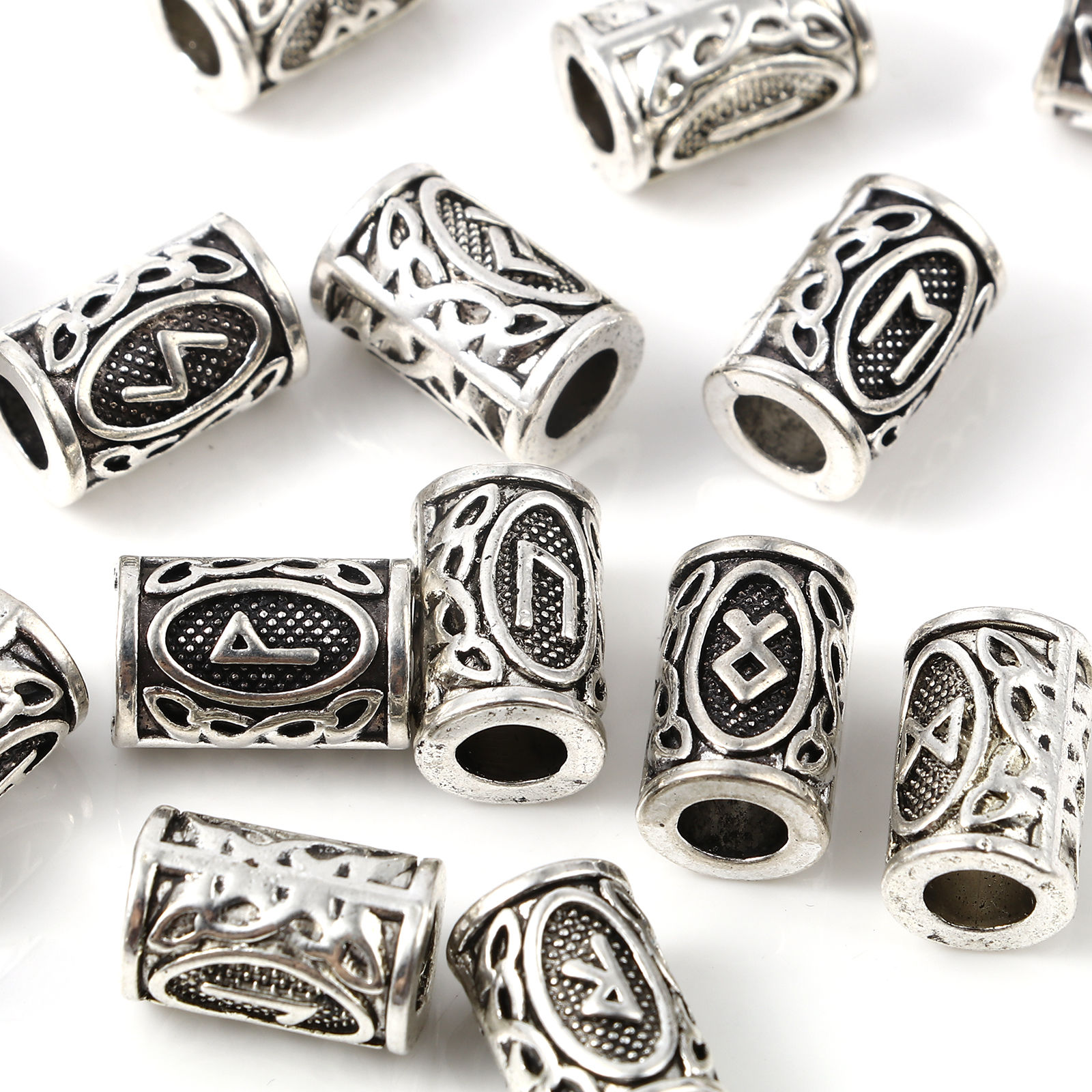 Imagen de Zamak Cuentas Dreadlock para Trenzar el Cabello Cilíndrico Plata Antigua Runa Vikinga Aprox 13mm x 8mm, Agujero: Aprox 4.7mm, 30 Unidades