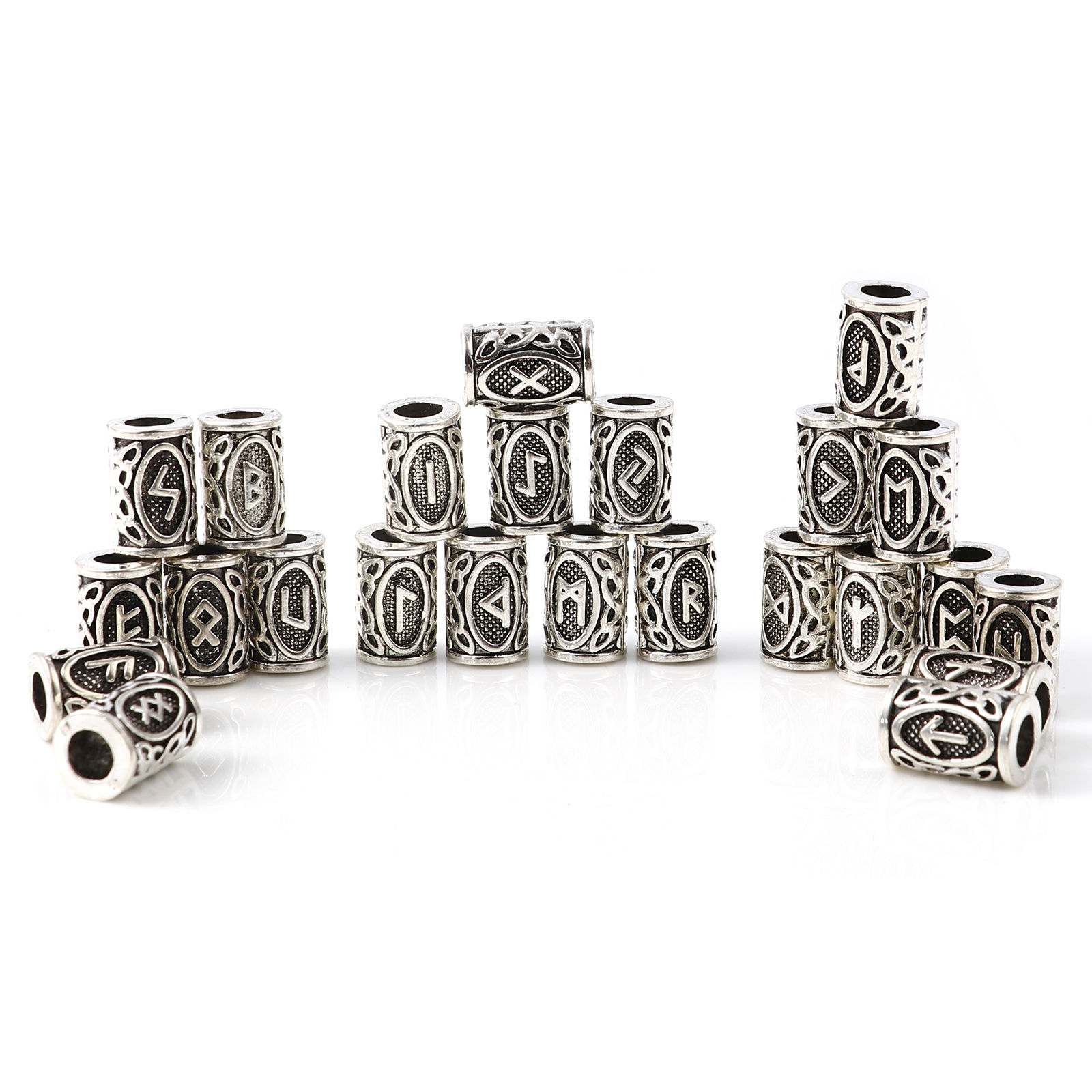 Imagen de Zamak Cuentas Dreadlock para Trenzar el Cabello Cilíndrico Plata Antigua Runa Vikinga Aprox 13mm x 8mm, Agujero: Aprox 4.7mm, 30 Unidades