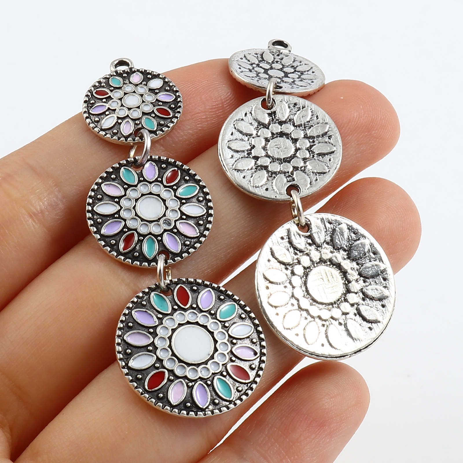 Imagen de Zamak Colgantes Geométrico Plata Antigua Multicolor Esmalte 55mm x 19mm, 2 Unidades