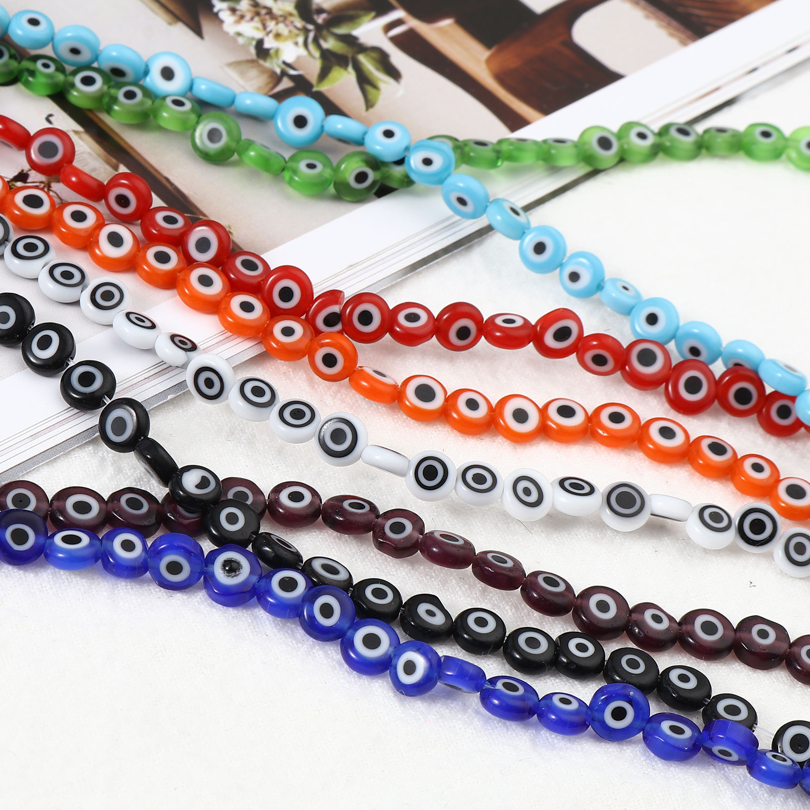 Picture of Lampwork Glass Religious Millefiori Beads Flat Round Multicolor Evil Eye 1 Strand