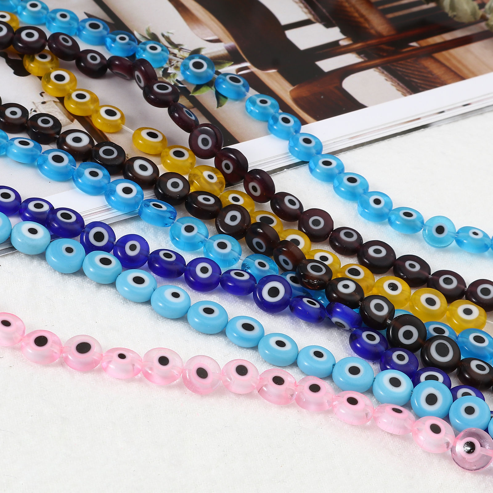 ランプワークガラス ランプワーク 宗教 ミルフィオリビーズ フラットラウンド 多色 邪眼パターン 1 連 の画像