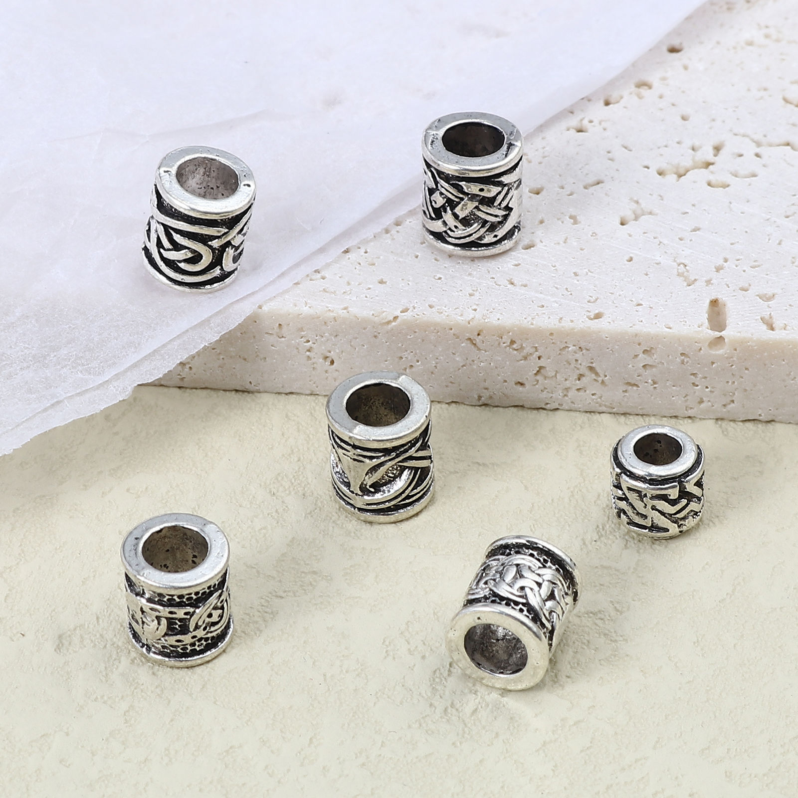 Picture of Zinc Based Alloy Spacer Beads Cylinder Antique Silver Color Carved Pattern 50 PCs