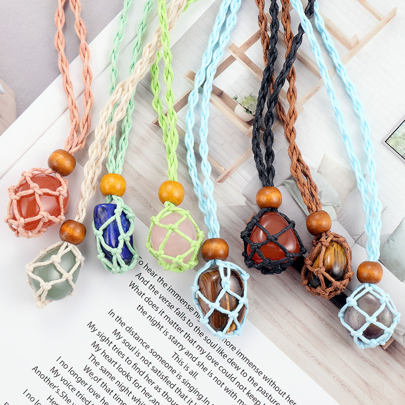 Imagen de Collar de Cuerda Trenzada Madera & Poliéster ,Multicolor y100cm de longitud, 1 Unidad