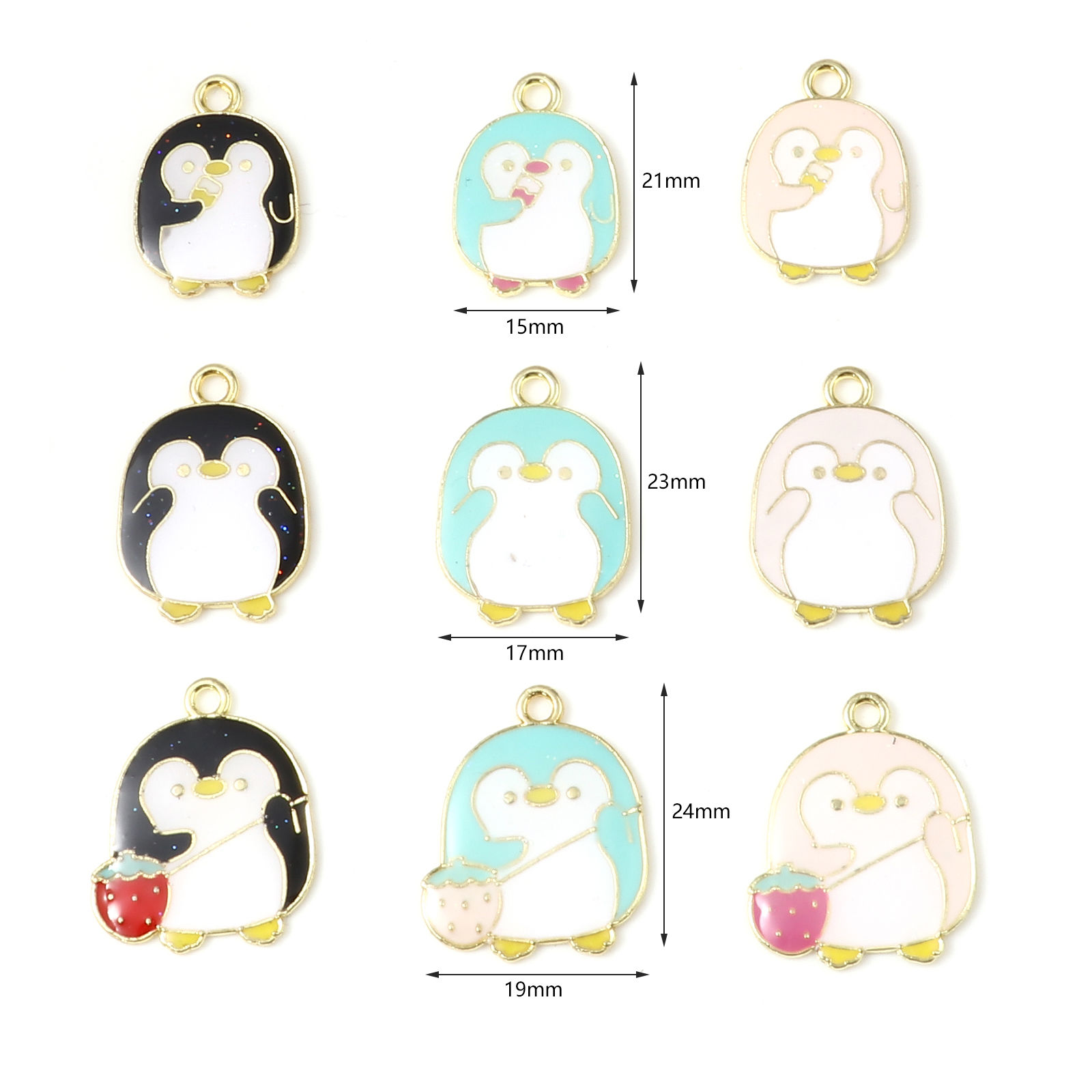 Picture of Zinc Based Alloy Charms Penguin Animal Gold Plated Multicolor Strawberry Enamel 10 PCs