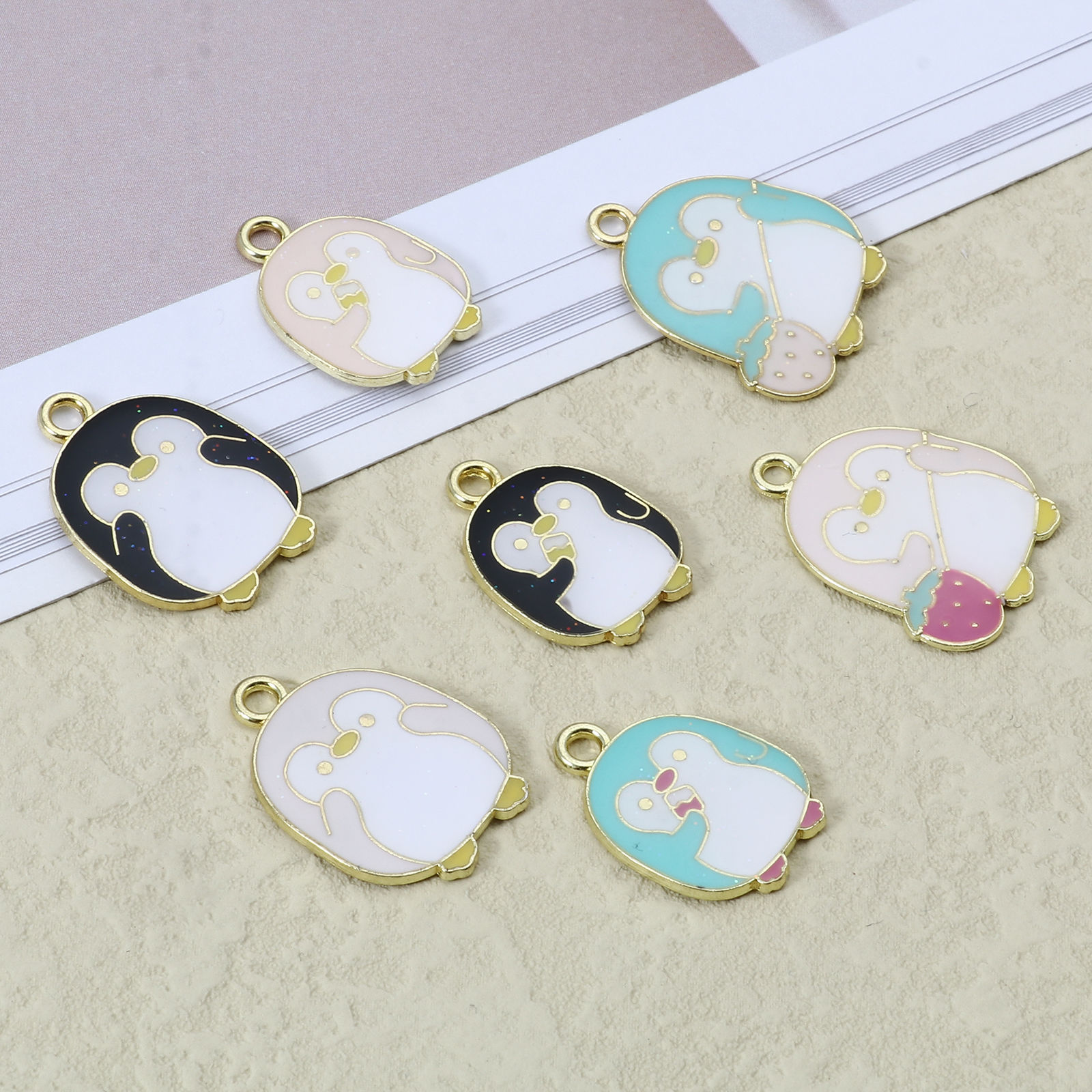 Picture of Zinc Based Alloy Charms Penguin Animal Gold Plated Multicolor Strawberry Enamel 10 PCs