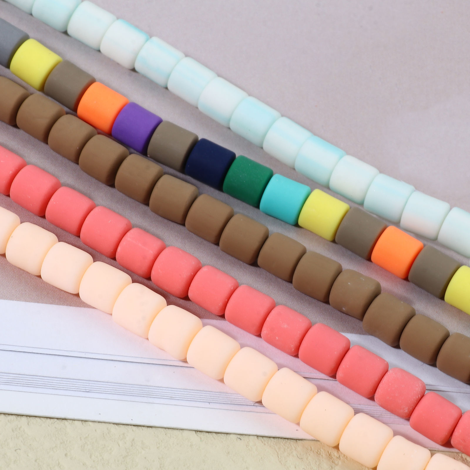 Picture of Polymer Clay Beads Cylinder Multicolor About 7mm x 6mm, Hole: Approx 1.3mm, 40cm(15 6/8") - 39cm(15 3/8") long, 2 Strands (Approx 60 PCs/Strand)