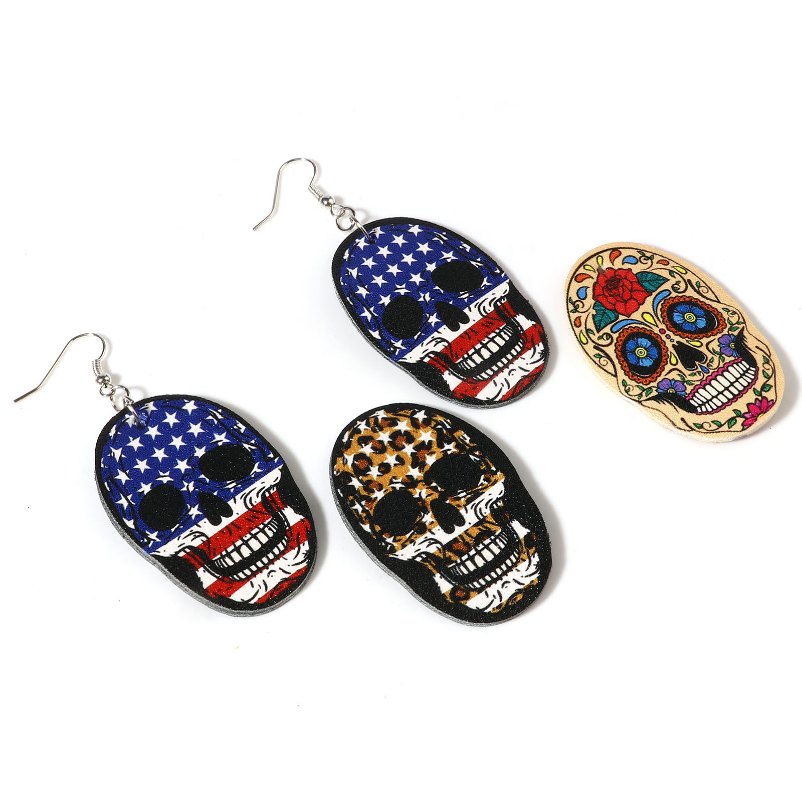 Picture of PU Leather Halloween Pendants Oval Multicolor Skull 5cm x 3.2cm, 5 PCs