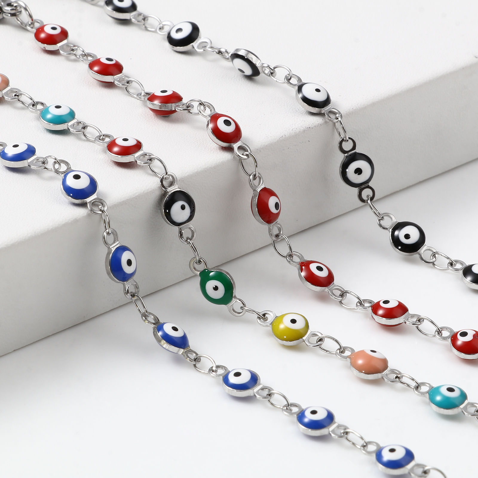 Picture of Stainless Steel Religious Bracelets Silver Tone Multicolor Round Evil Eye Enamel 13.5cm(5 3/8") long, 1 Piece