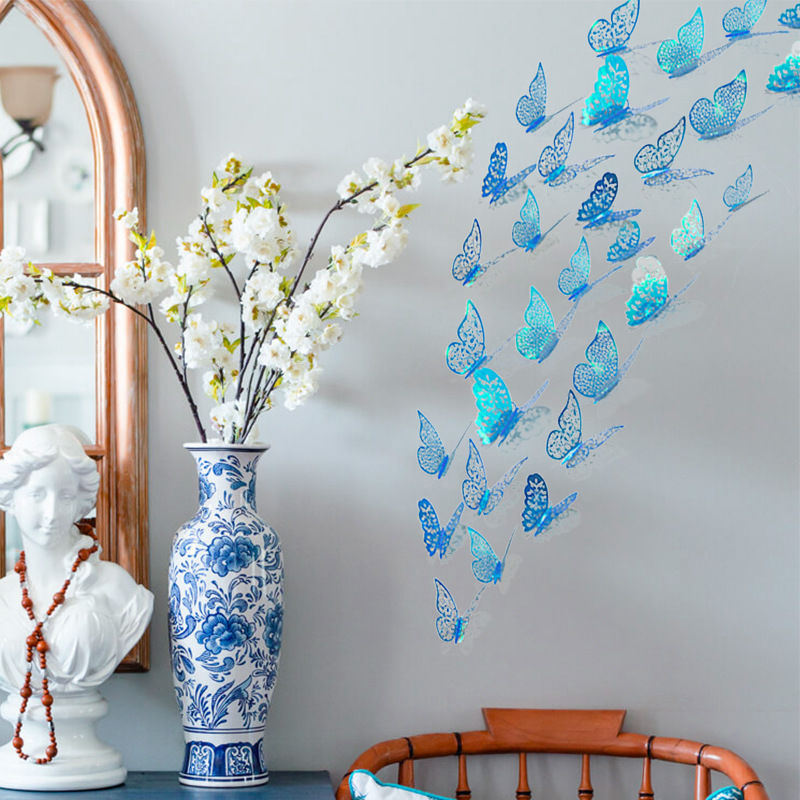 Изображение Rainbow AB Color Hollow Filigree Butterfly Wall Stickers Art Home Decoration