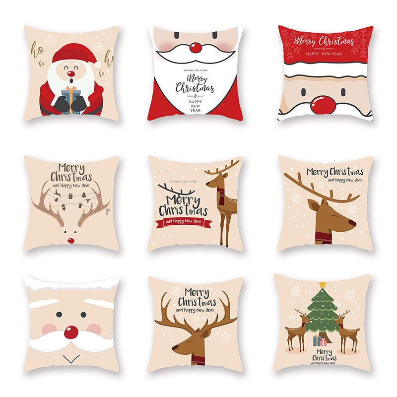 Изображение Christmas Santa Claus & Reindeer Peach Skin Fabric Square Pillowcase Home Textile 45x45cm