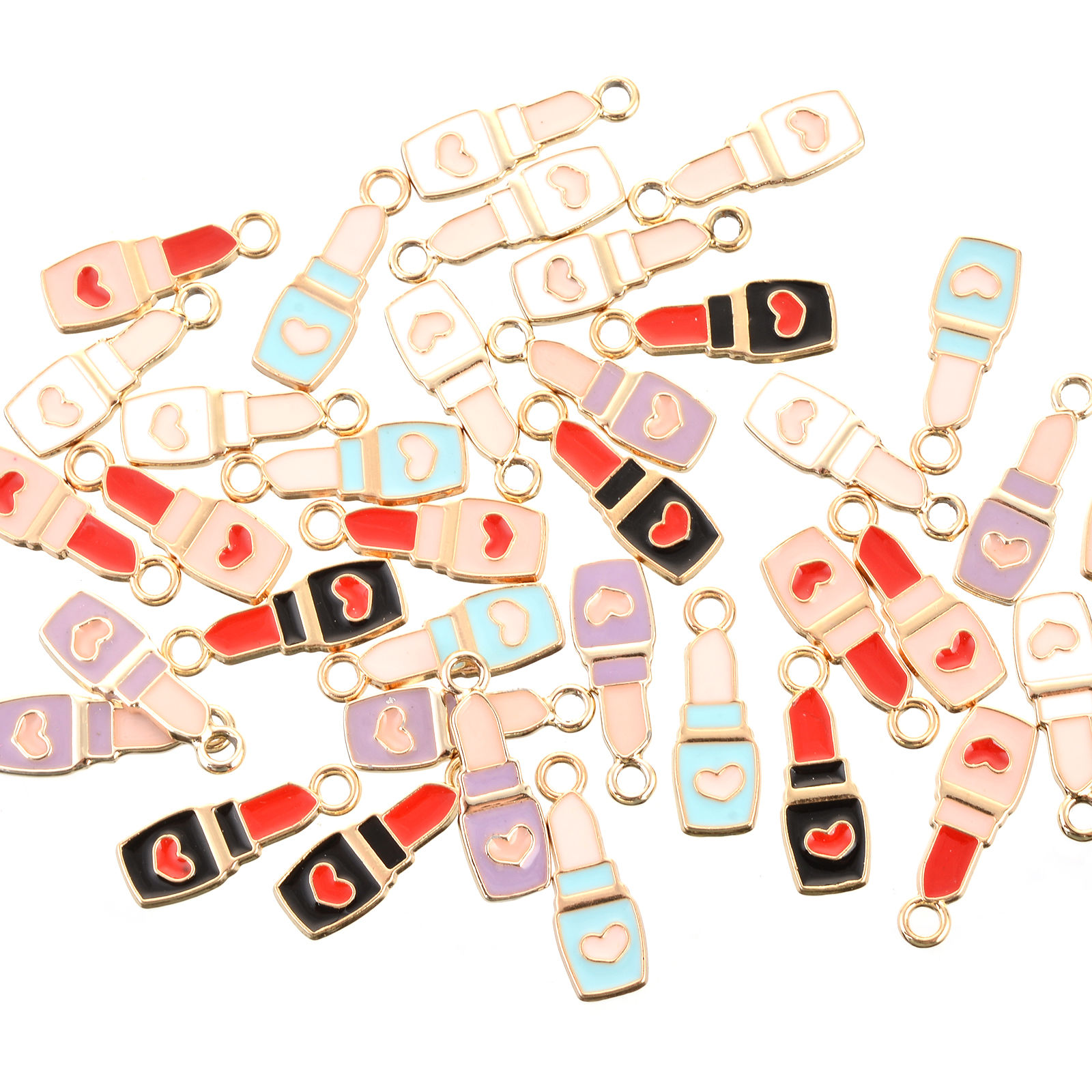 Imagen de Zamak Maquillaje Colgantes Charms Lápiz labial Chapado en Oro Multicolor Corazón Esmalte 20mm x 7mm, 10 Unidades