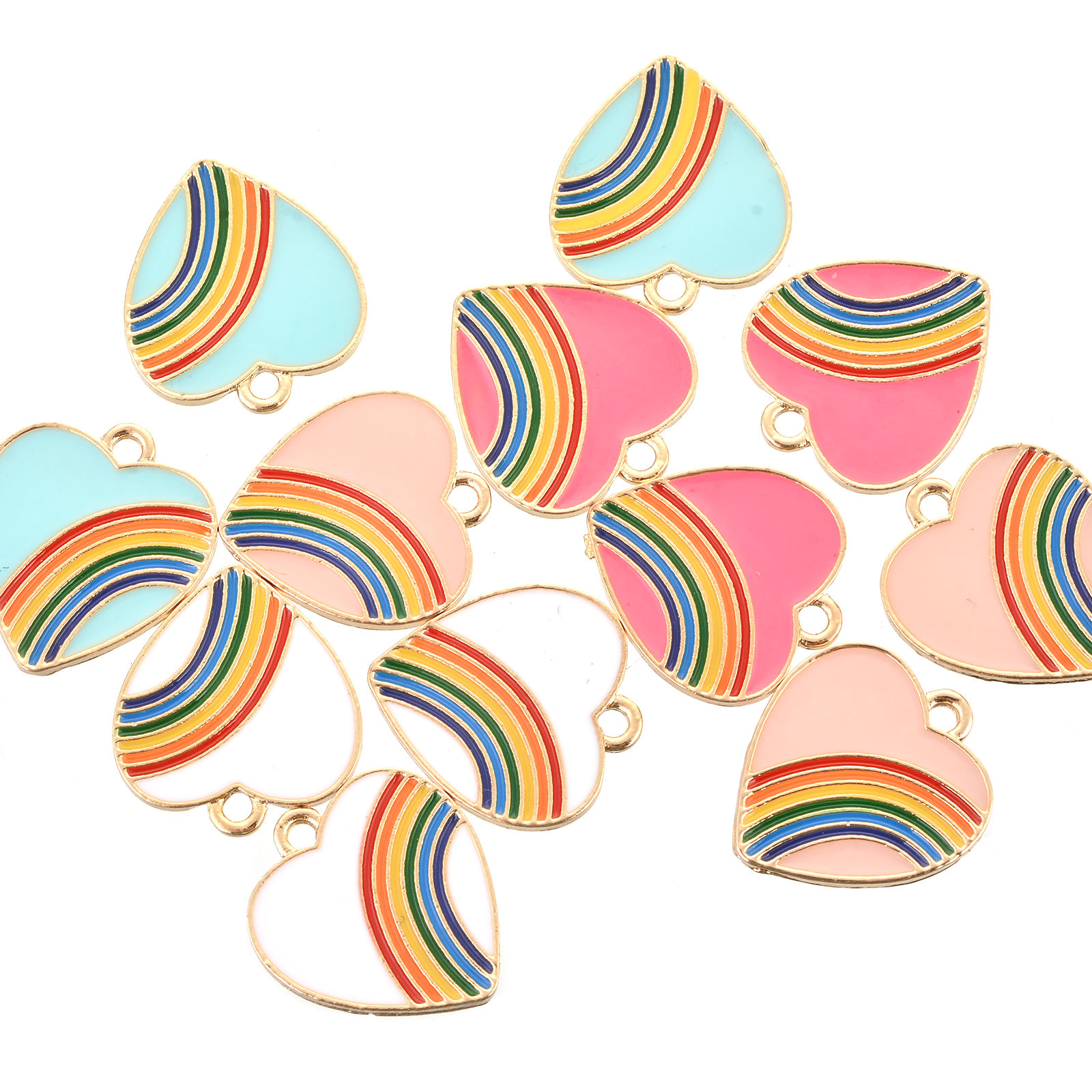 Imagen de Zamak Colgantes Charms Corazón Chapado en Oro Multicolor Arco Iris Esmalte 20mm x 18mm, 10 Unidades