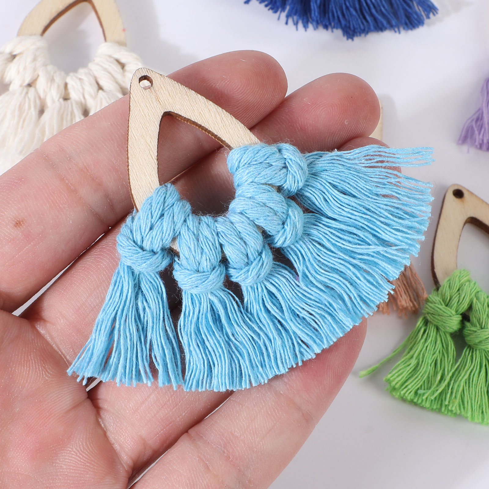 Bild von Natürliches Holz & Baumwolle Quaste Anhänger Tropfen Bunt Quaste 7.3cm x 6cm, 2 Stück