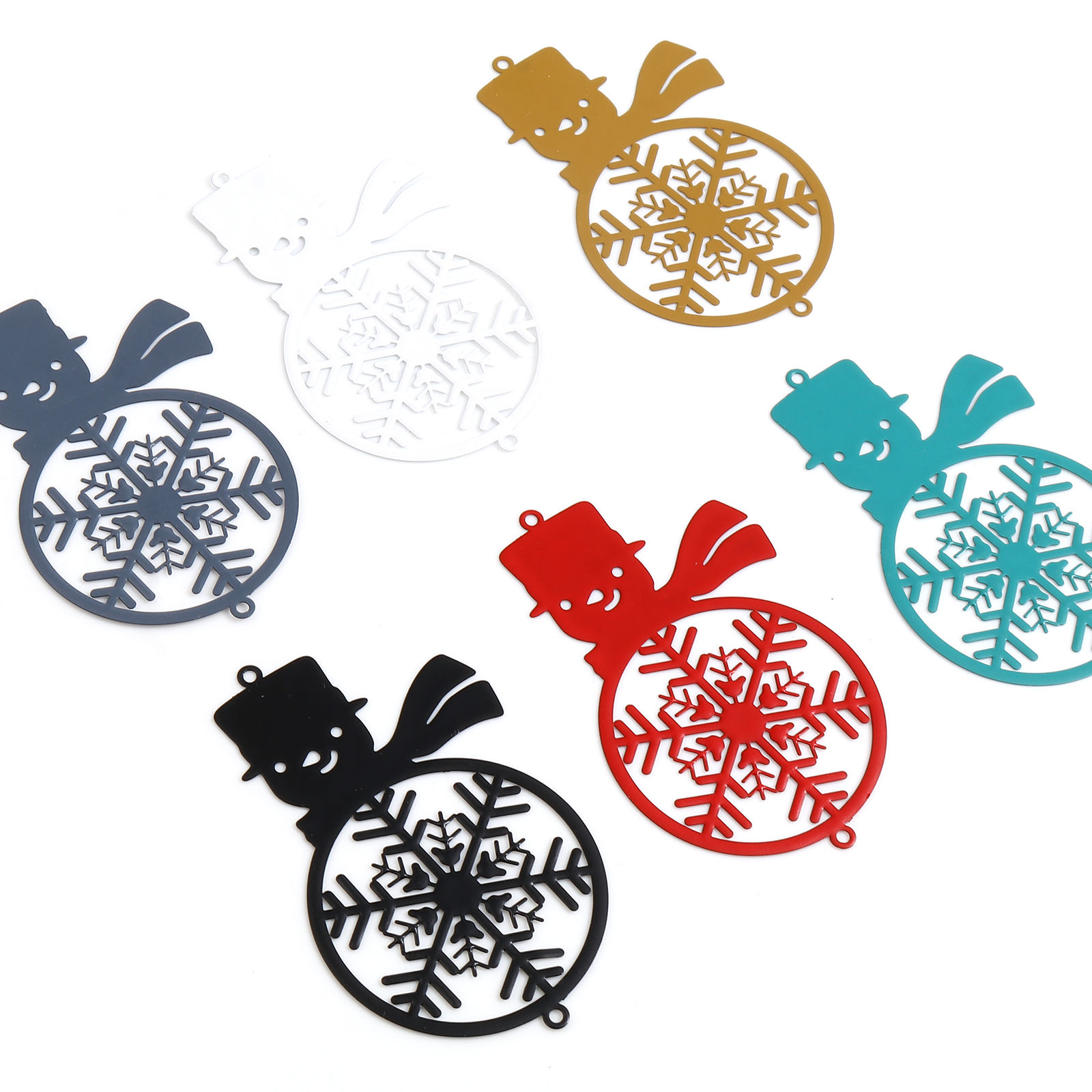 Picture of Brass Filigree Stamping Connectors Christmas Snowman Multicolor Snowflake Painted 6.2cm x 4.1cm, 5 PCs
