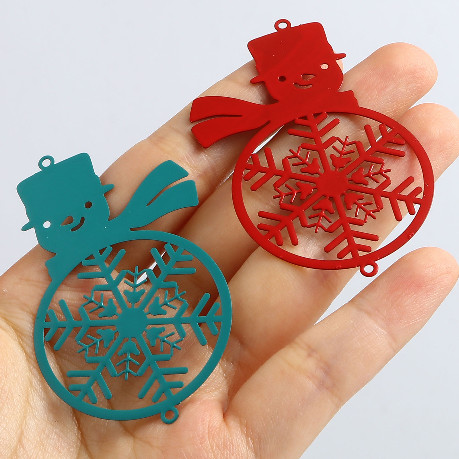Picture of Brass Filigree Stamping Connectors Christmas Snowman Multicolor Snowflake Painted 6.2cm x 4.1cm, 5 PCs