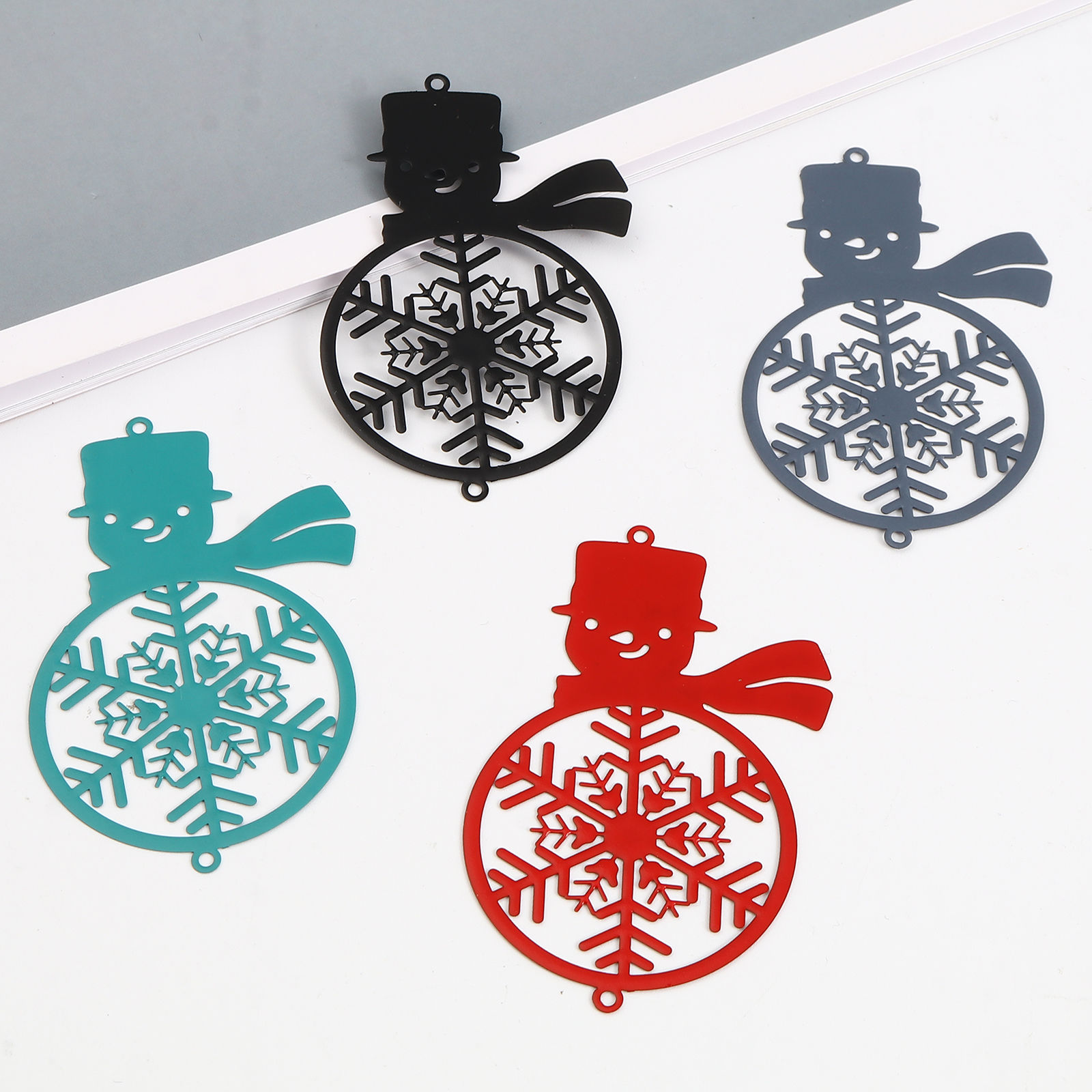 Picture of Brass Filigree Stamping Connectors Christmas Snowman Multicolor Snowflake Painted 6.2cm x 4.1cm, 5 PCs