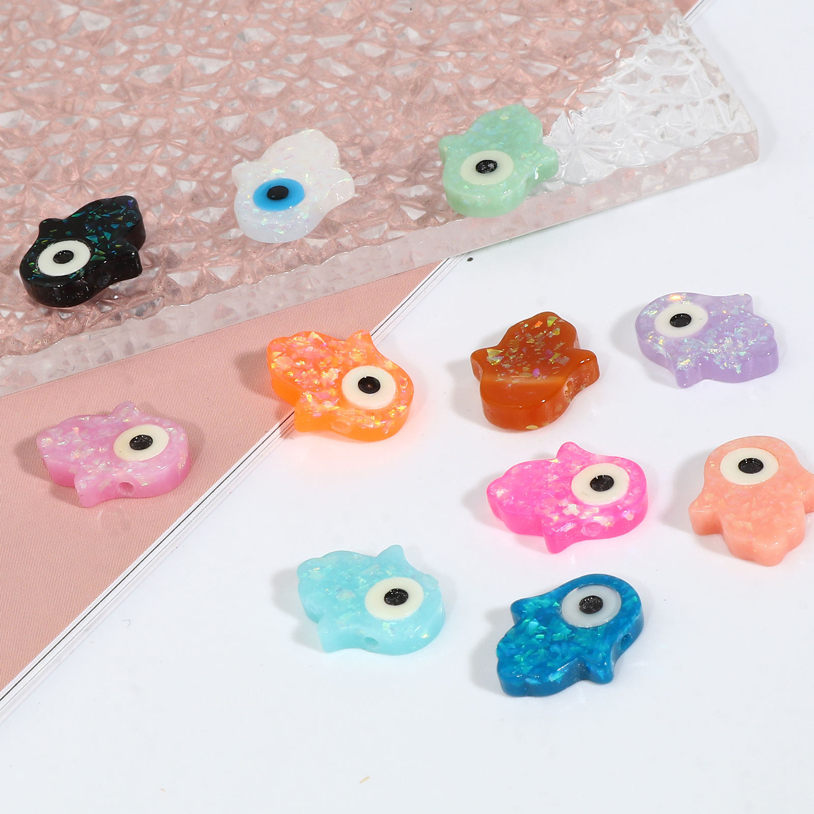 Picture of Resin Religious Spacer Beads Hamsa Symbol Hand Multicolor Evil Eye Pattern Foil About 14mm x 12mm, Hole: Approx 1.4mm, 2 PCs