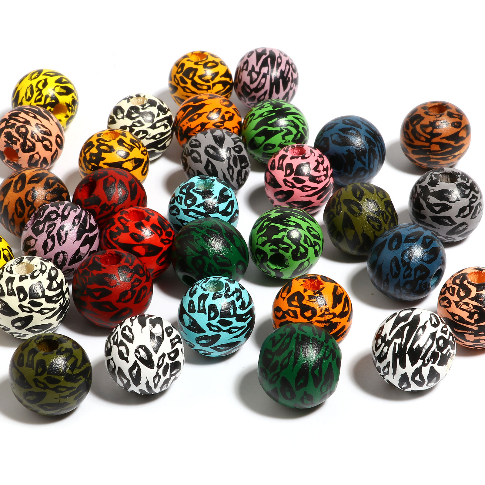 ウッド ビーズ 円形 多色 ヒョウ柄 約 16mm直径、 穴：約 4.5mm - 3.6mm、 20 個 の画像