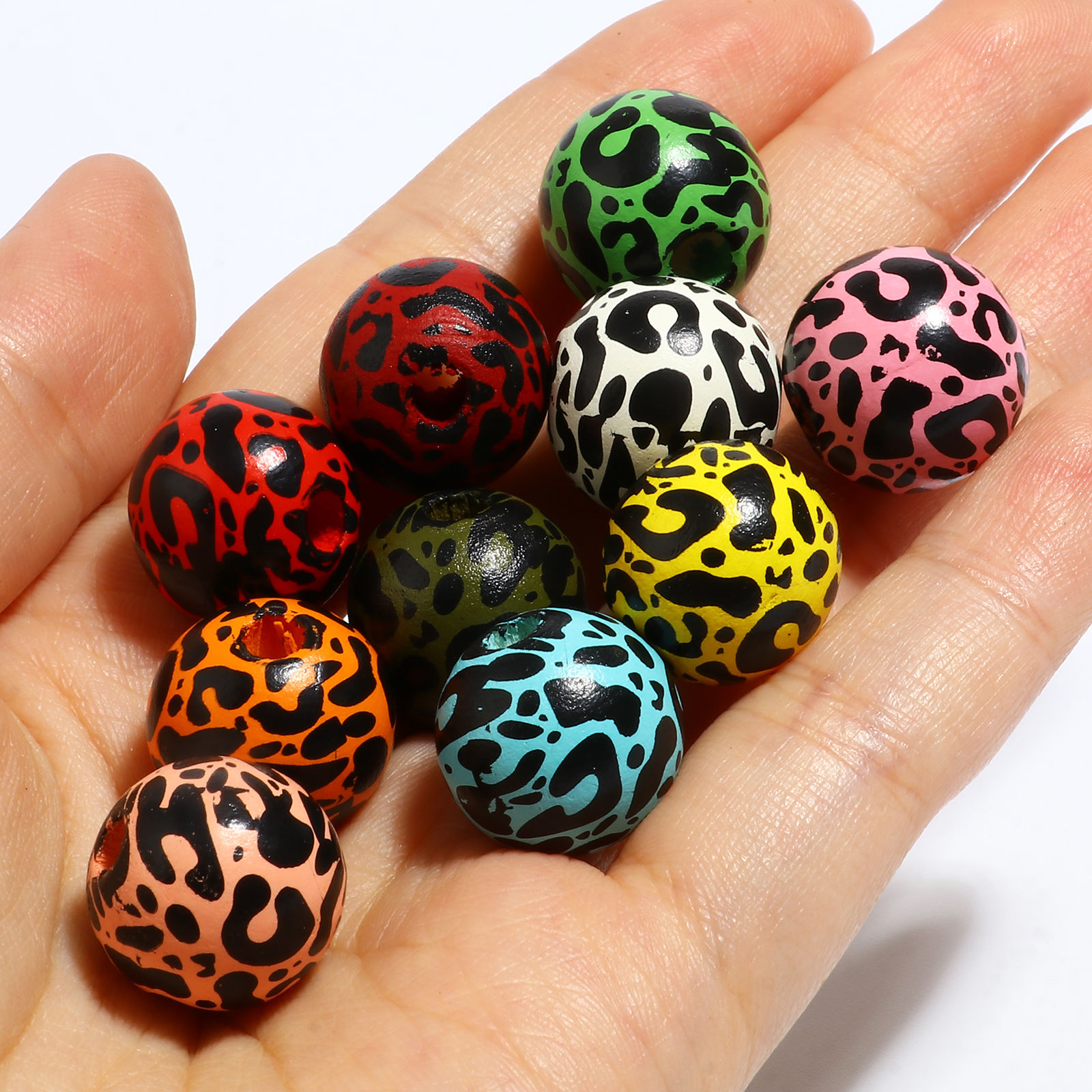 Picture of Natural Wood Spacer Beads Round Multicolor Leopard Print About 16mm Dia., Hole: Approx 4.5mm - 3.6mm, 20 PCs