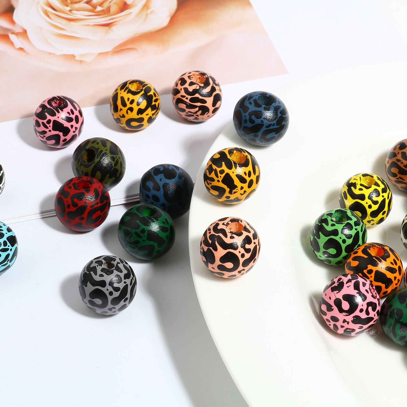 Picture of Natural Wood Spacer Beads Round Multicolor Leopard Print About 16mm Dia., Hole: Approx 4.5mm - 3.6mm, 20 PCs