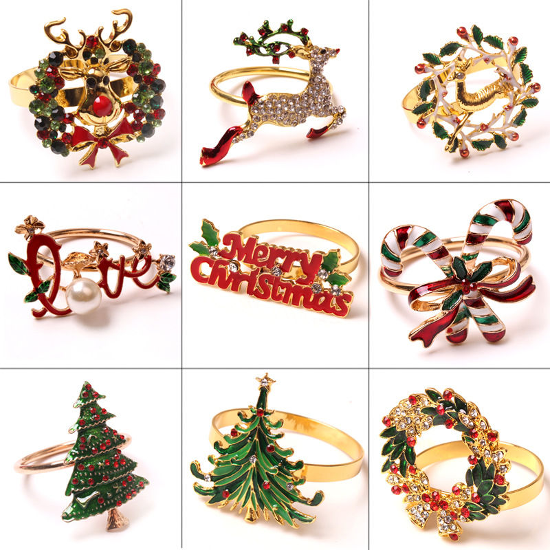 Picture of Christmas Enamel Rhinestone Stainless Steel Napkin Ring Buckle Holder Table Decoration