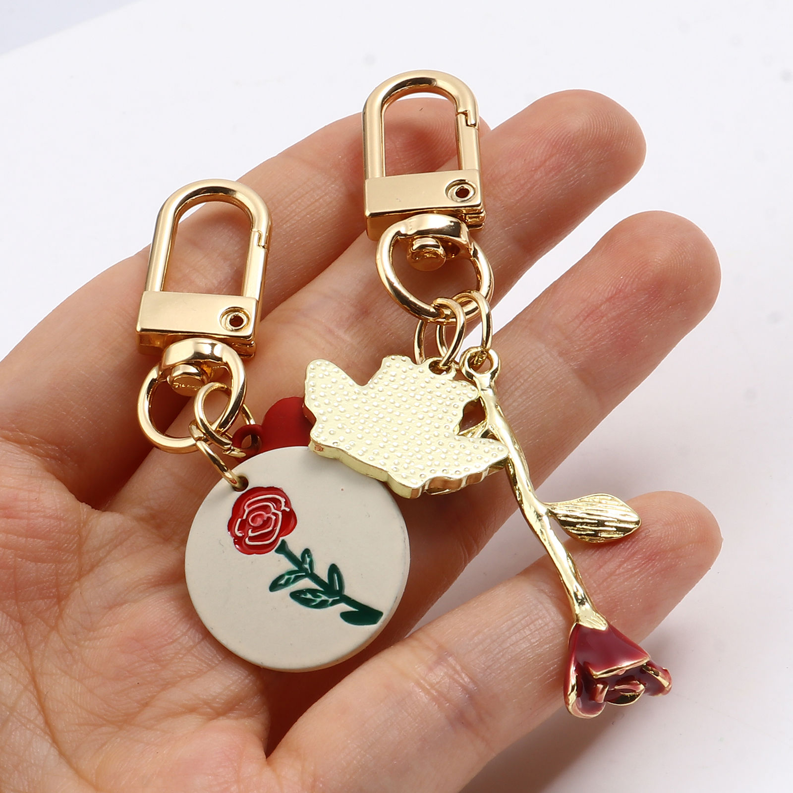 Picture of Valentine's Day Keychain & Keyring Gold Plated Multicolor Rose Flower 1 Set