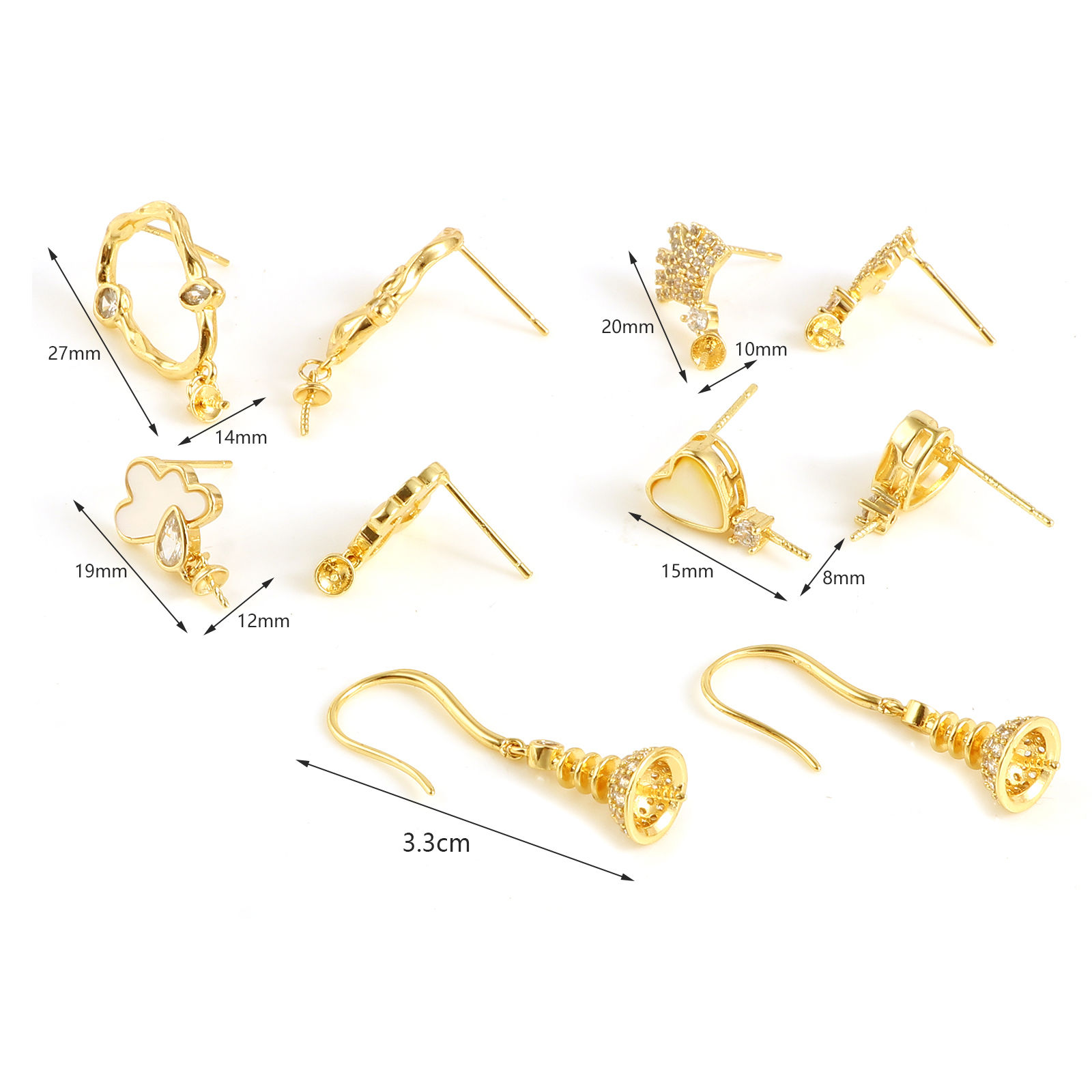 Picture of Brass Micro Pave Ear Post Stud Earrings 18K Real Gold Plated Clear Rhinestone Post/ Wire Size: (21 gauge), 2 PCs