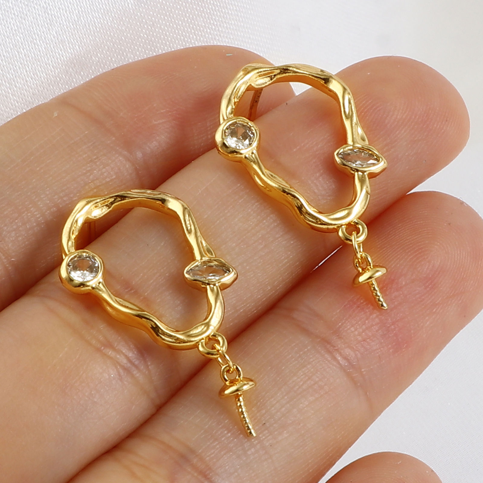 Picture of Brass Micro Pave Ear Post Stud Earrings 18K Real Gold Plated Clear Rhinestone Post/ Wire Size: (21 gauge), 2 PCs