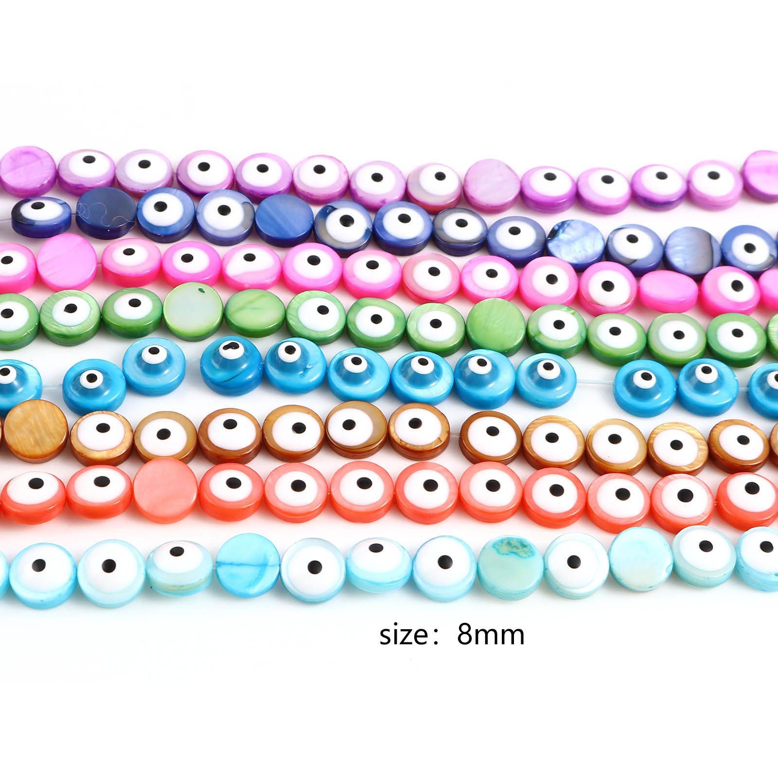 Picture of Dyed Natural Shell Loose Beads Round Multicolor Evil Eye Pattern Enamel About 8mm Dia, Hole:Approx 0.9mm, 38.3cm(15 1/8") - 37.8cm(14 7/8") long, 1 Strand (Approx 48 PCs/Strand)