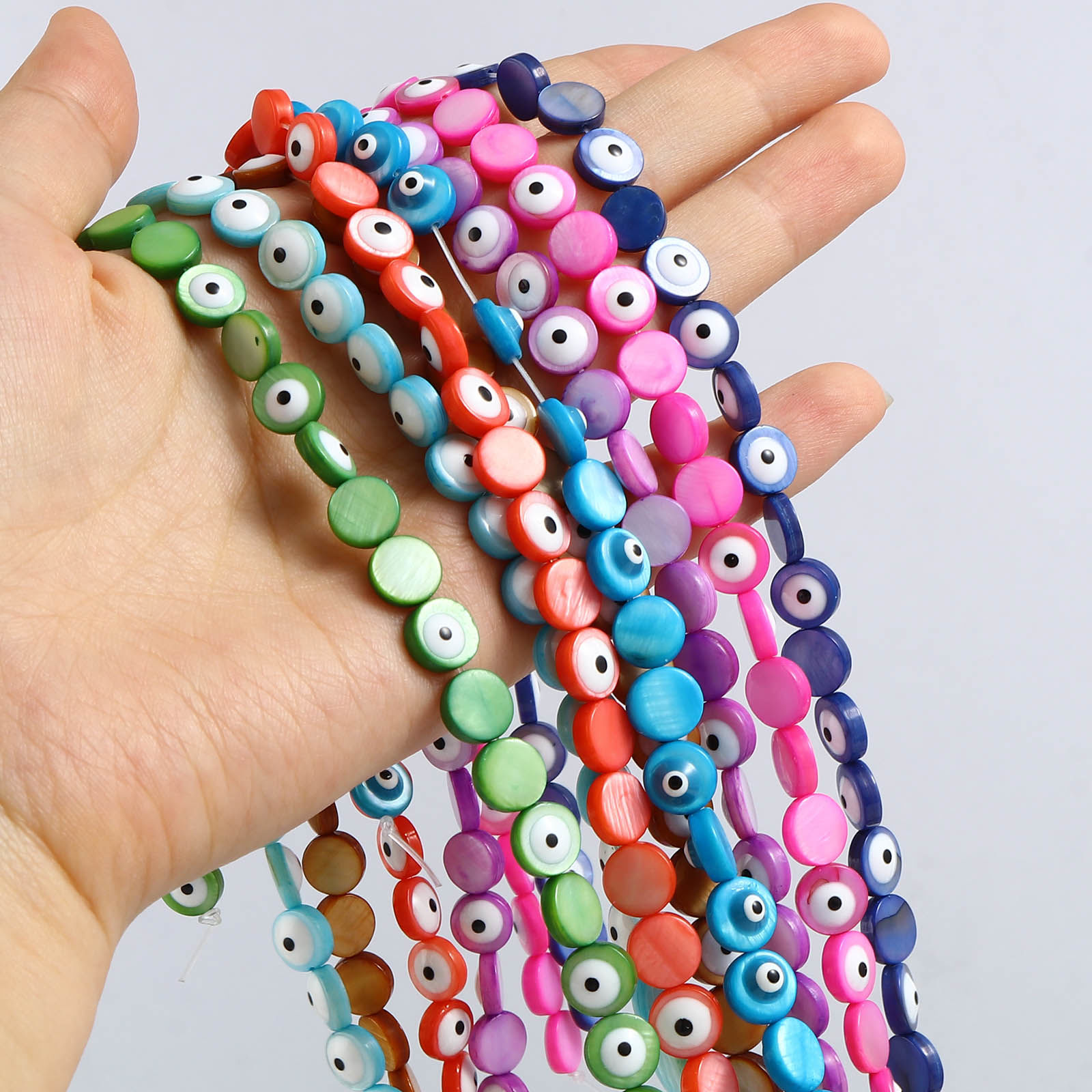 Picture of Dyed Natural Shell Loose Beads Round Multicolor Evil Eye Pattern Enamel About 8mm Dia, Hole:Approx 0.9mm, 38.3cm(15 1/8") - 37.8cm(14 7/8") long, 1 Strand (Approx 48 PCs/Strand)