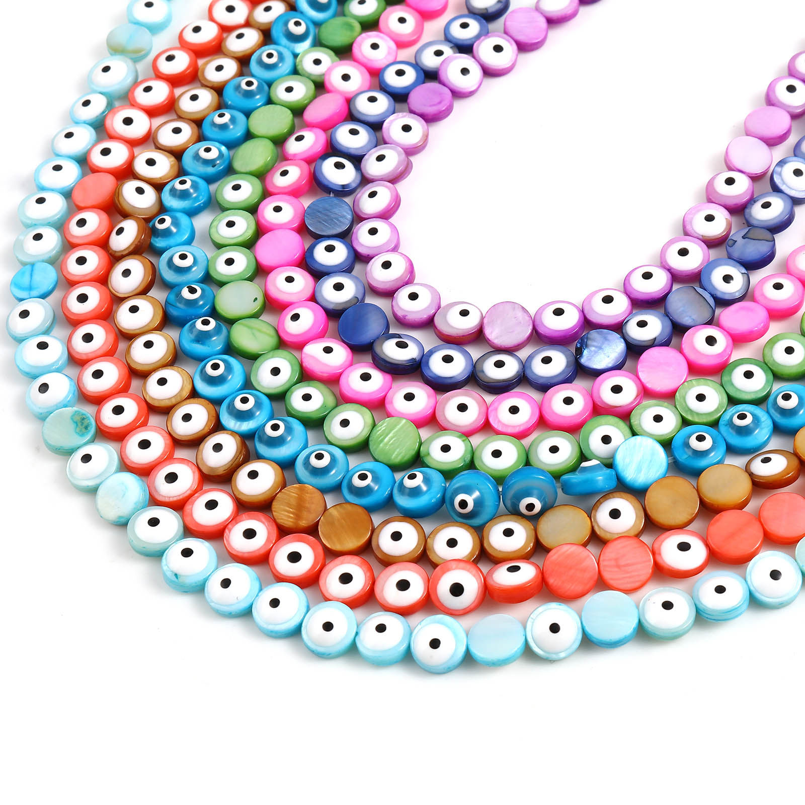 Picture of Dyed Natural Shell Loose Beads Round Multicolor Evil Eye Pattern Enamel About 8mm Dia, Hole:Approx 0.9mm, 38.3cm(15 1/8") - 37.8cm(14 7/8") long, 1 Strand (Approx 48 PCs/Strand)