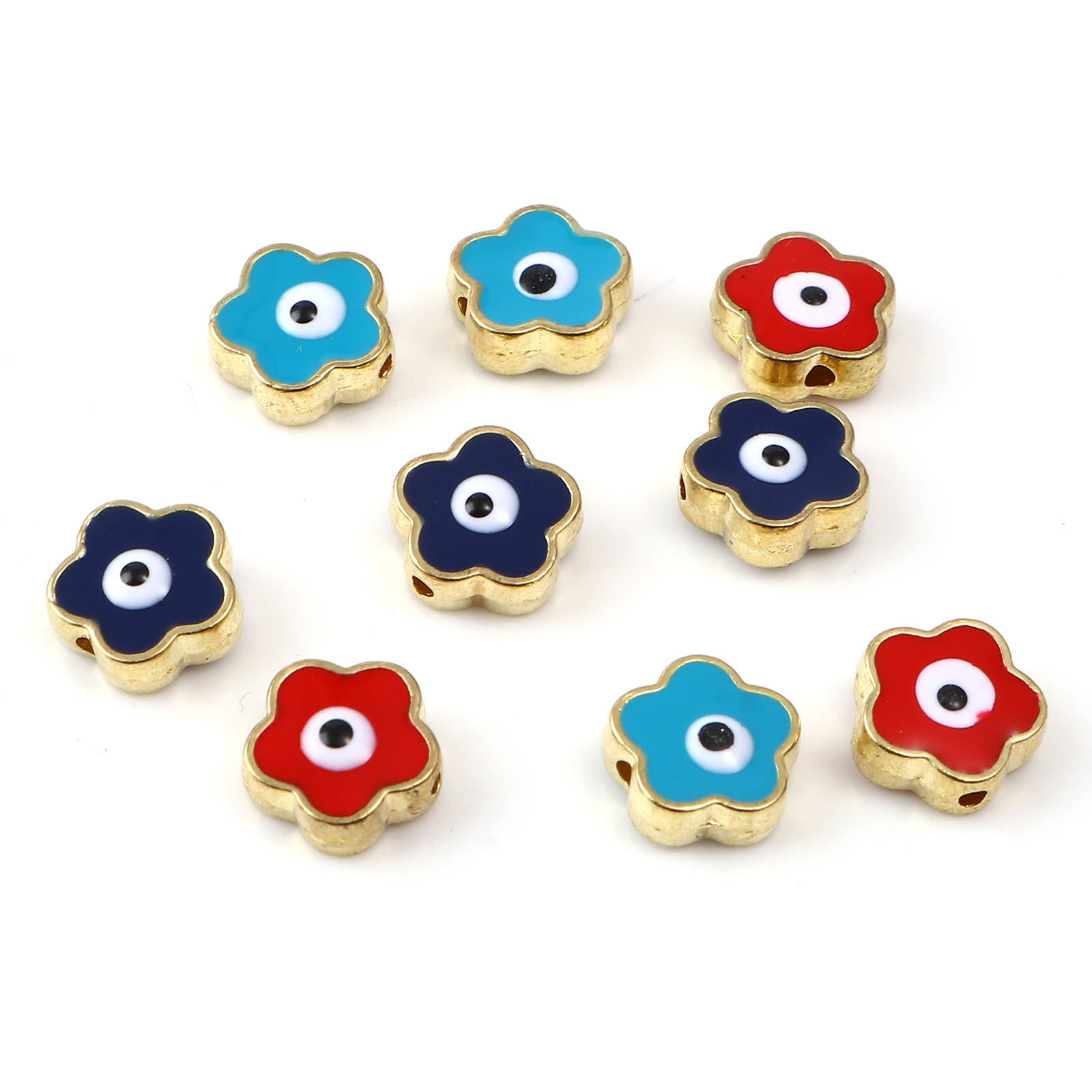 Picture of Zinc Based Alloy Religious Spacer Beads Flower Gold Plated Multicolor Evil Eye Enamel About 9mm x 9mm, Hole: Approx 1.3mm, 10 PCs