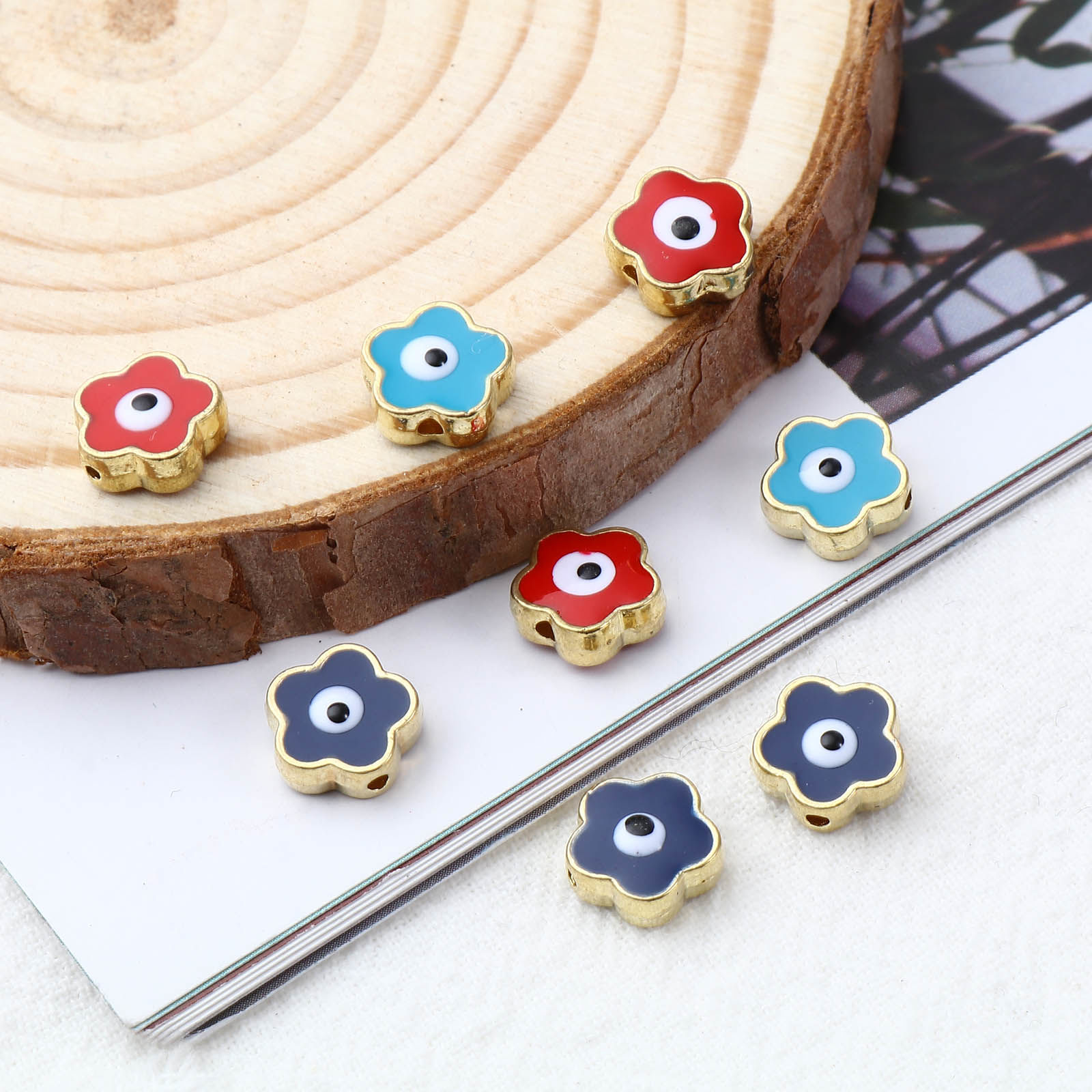 Picture of Zinc Based Alloy Religious Spacer Beads Flower Gold Plated Multicolor Evil Eye Enamel About 9mm x 9mm, Hole: Approx 1.3mm, 10 PCs