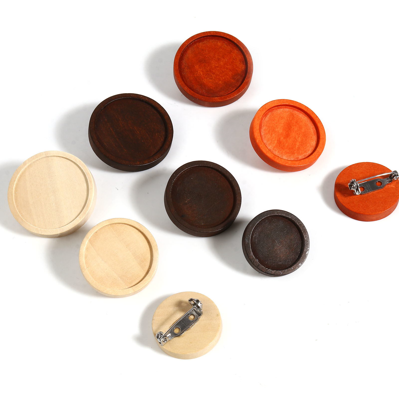 Picture of Stainless Steel & Natural Wood Cabochon Settings Pin Brooches Findings Round Multicolor Cabochon Settings 5 PCs