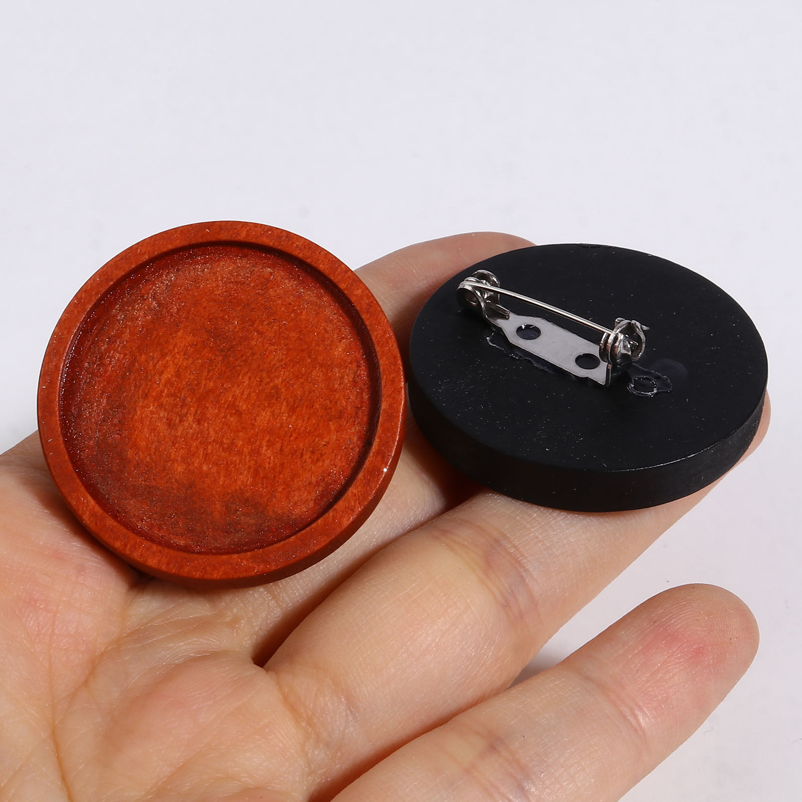 Picture of Stainless Steel & Natural Wood Cabochon Settings Pin Brooches Findings Round Multicolor Cabochon Settings 5 PCs