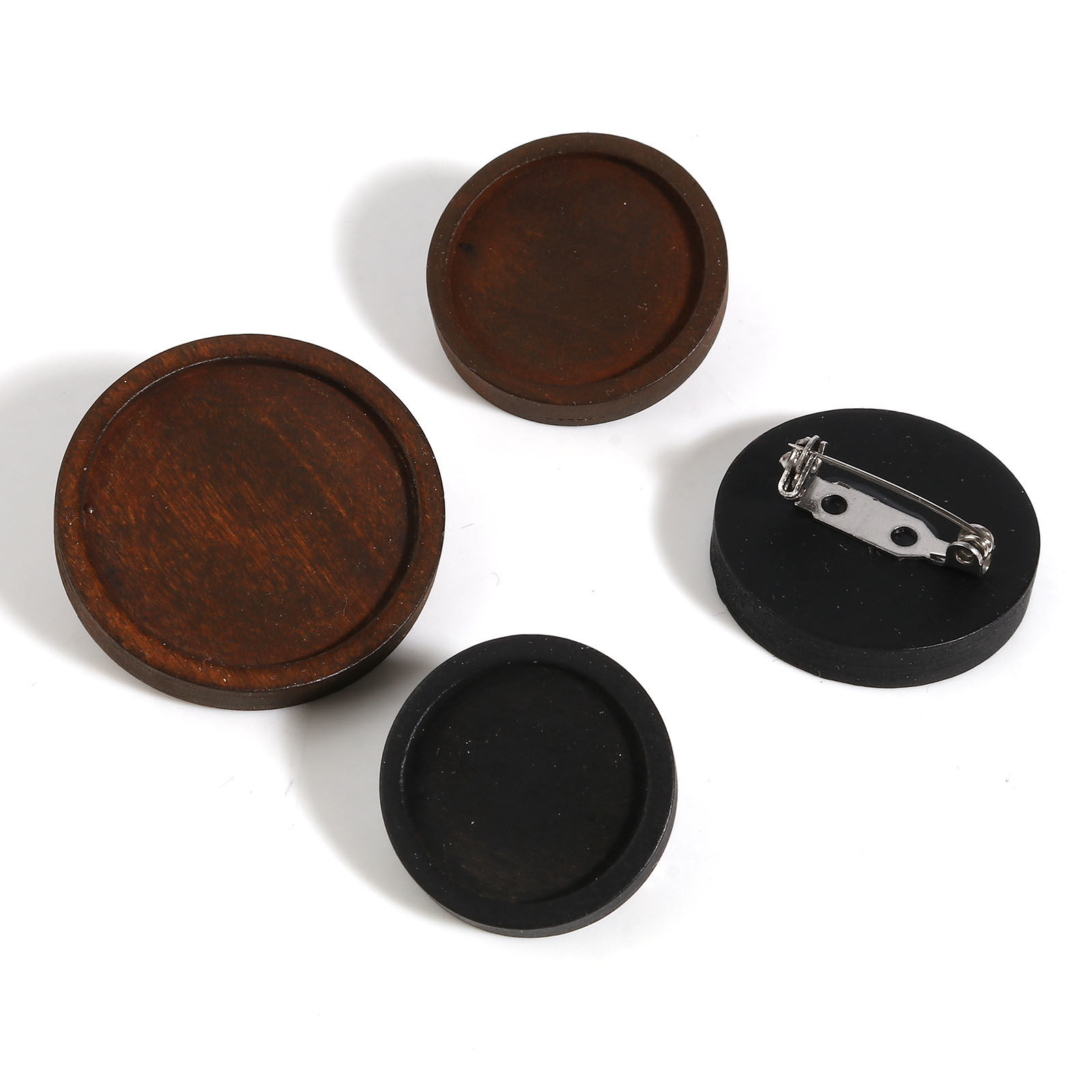 Picture of Stainless Steel & Natural Wood Cabochon Settings Pin Brooches Findings Round Multicolor Cabochon Settings 5 PCs