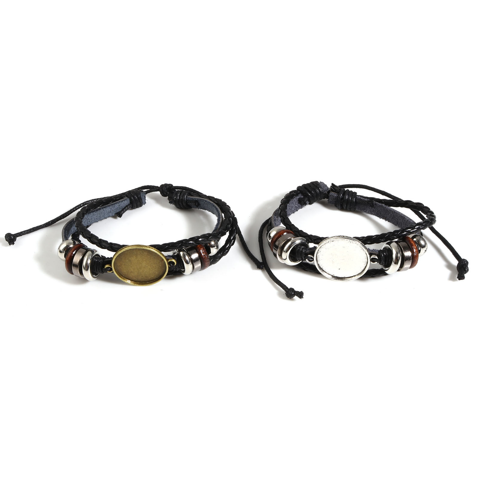 Bild von Rindleder Cabochon Fassung Geflochtene Armbänder Zubehör Rund Bunt Verstellbar (für 20mm) 18.5cm lang, 2 Strange
