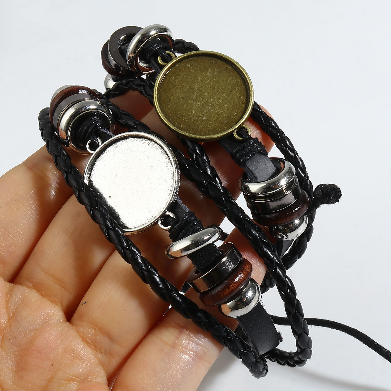 Bild von Rindleder Cabochon Fassung Geflochtene Armbänder Zubehör Rund Bunt Verstellbar (für 20mm) 18.5cm lang, 2 Strange