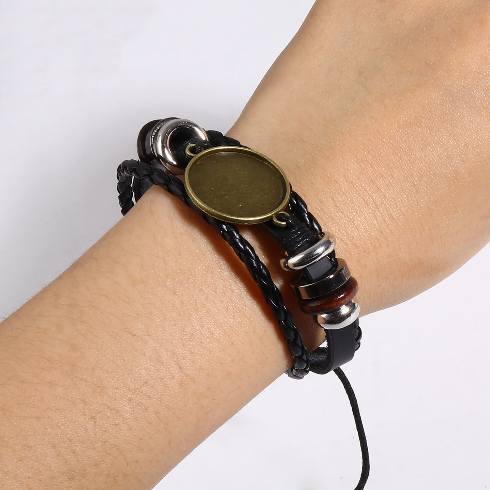 Bild von Rindleder Cabochon Fassung Geflochtene Armbänder Zubehör Rund Bunt Verstellbar (für 20mm) 18.5cm lang, 2 Strange