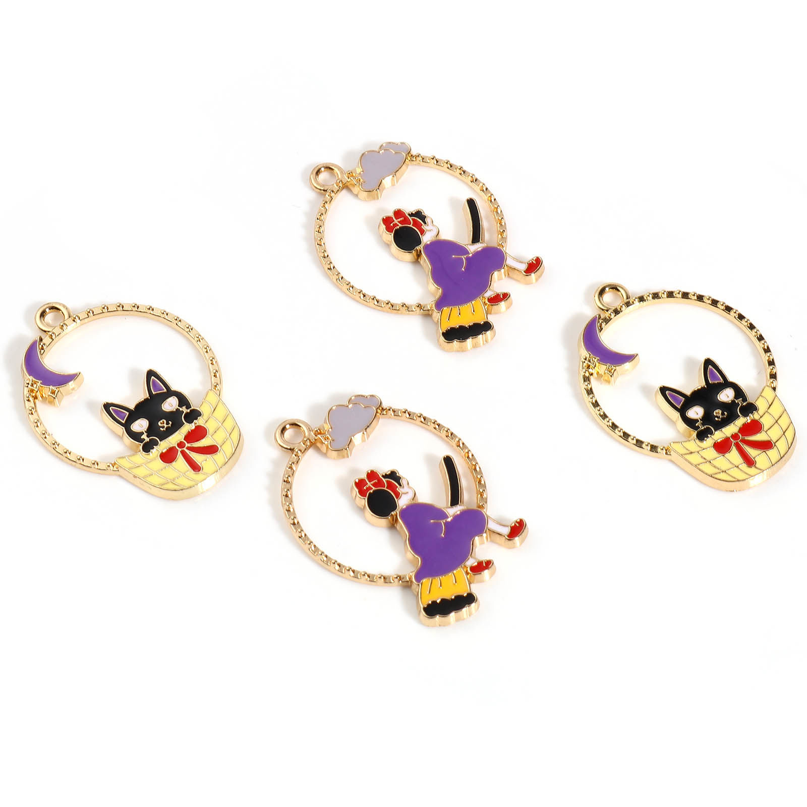 Picture of Zinc Based Alloy Charms Cat Animal Gold Plated Multicolor Halloween Witch Enamel 10 PCs